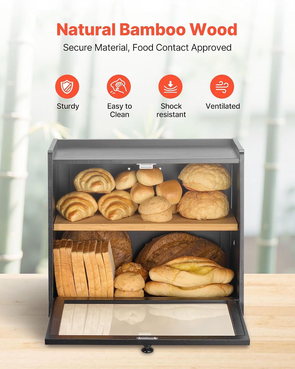 VEVOR Double Layer Bread Box for Kitchen Counter, Large Capacity Bamboo Bread Storage Container, Farmhouse Wooden