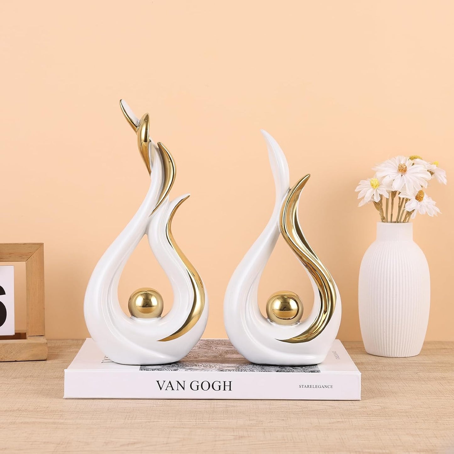 Modern Figurines / Abstract Flame Ceramic Sculpture Set / White Gold / Set of 2