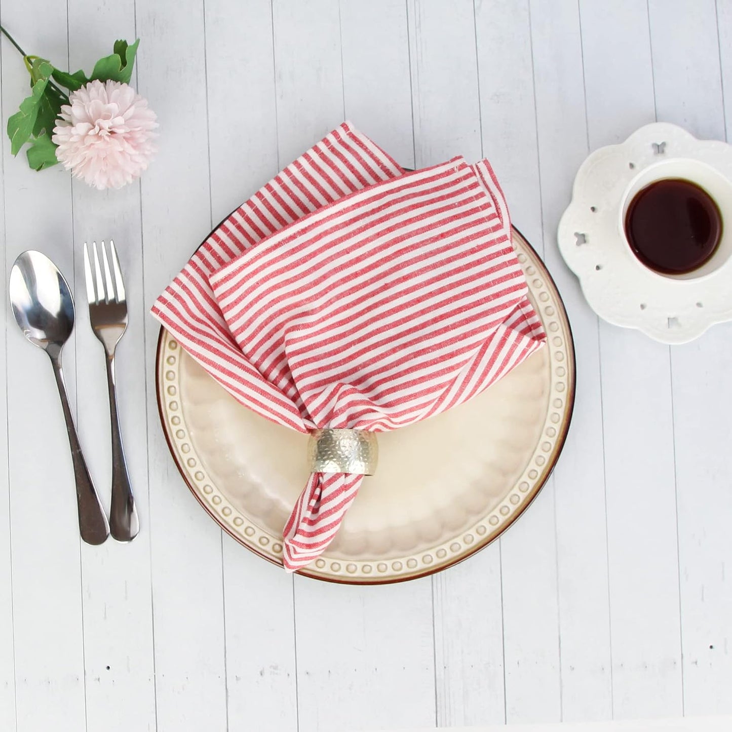 Plain Striped Cotton Linen Blended Dinner Cloth Napkins - Set of 12 (17 x 17 inches) - for Events & Home Use (Red)