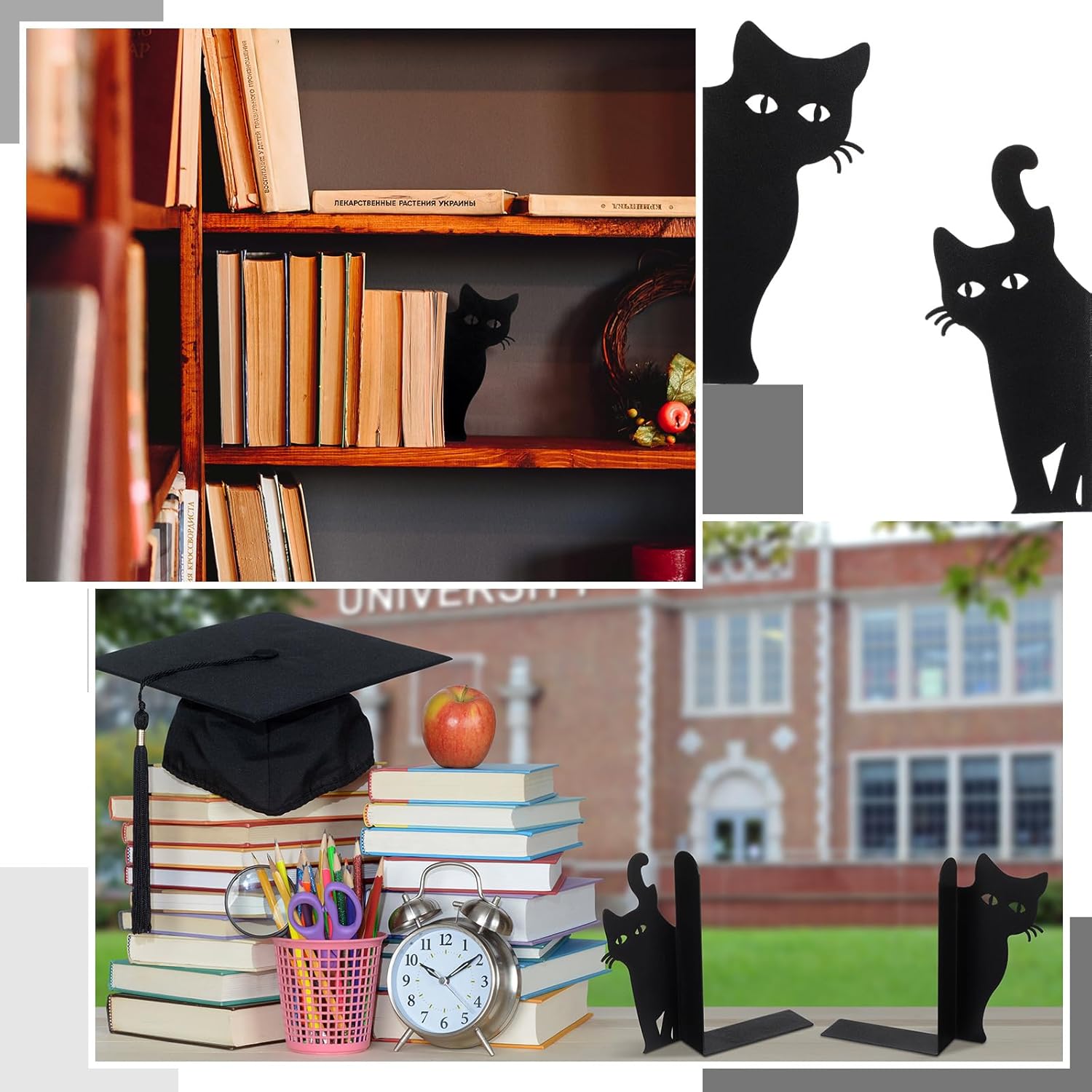 Peeping Cat Bookends Metal Book Ends / Lovely Cat / Set of 2