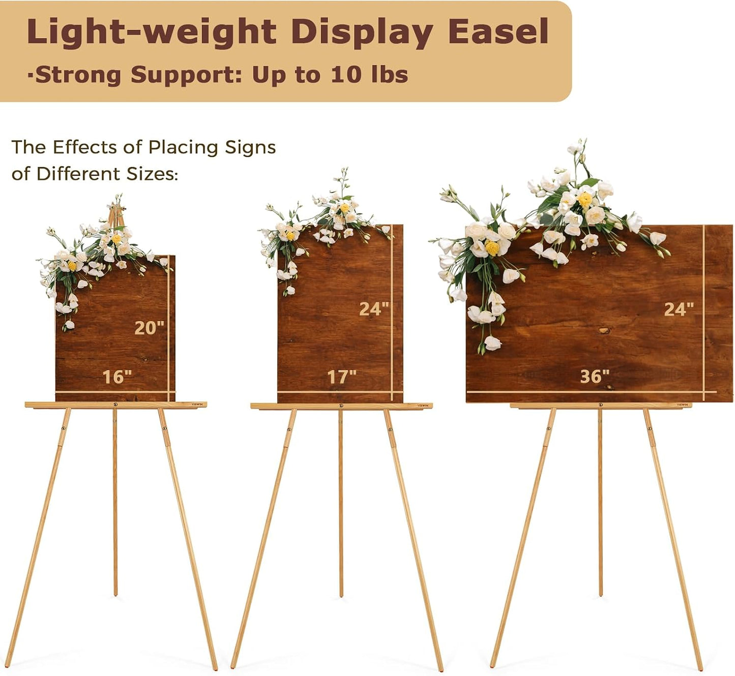 VISWIN 3Pcs 63" Gold Easel Stand for Wedding Signs, Adjustable Wooden Display Easel with Holder, Tripod Floor Easel for