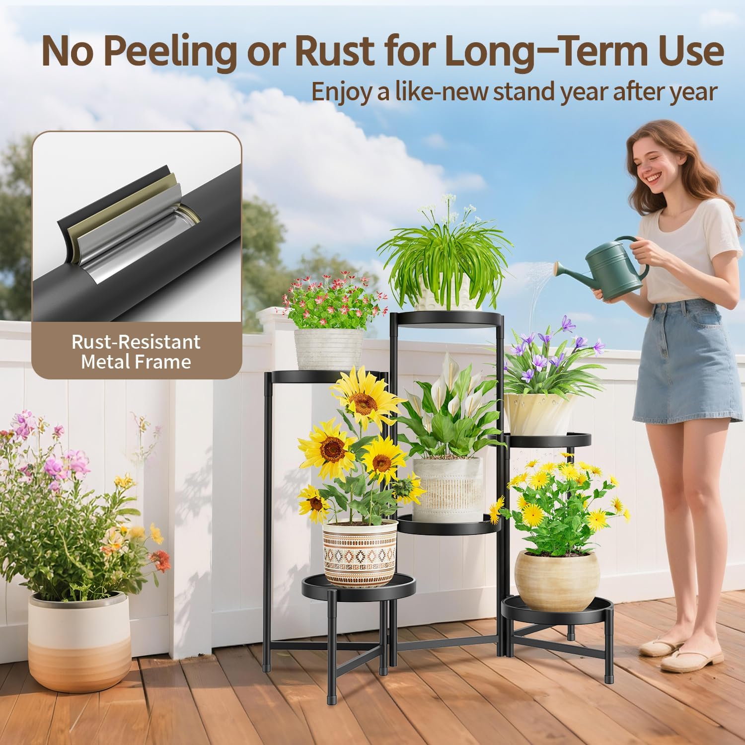 LASZOLA Plant Stand Indoor with 10 Inch Large Metal Tray, 6 Tier Black | Corner Tall Folding Flower Display Rack