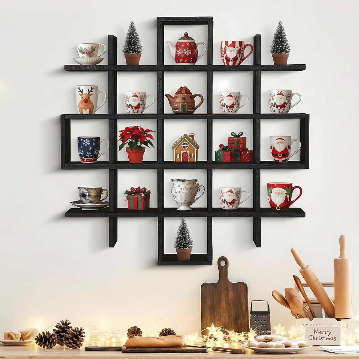 Suzile Oversize Tea Cups and Saucers Shelf Rustic Wooden Coffee Display Shelves Wooden Floating Curio Shelf Mounted Tea