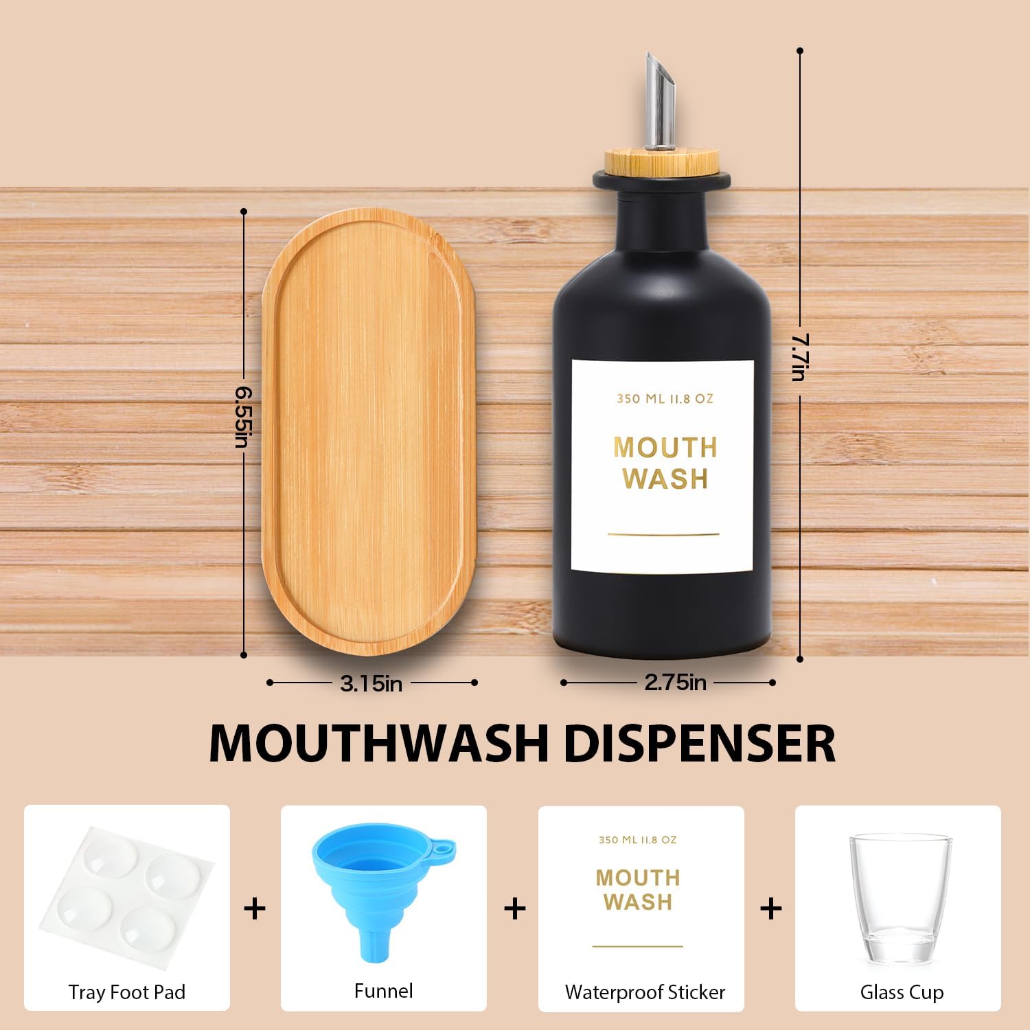 11.8OZ Glass Mouthwash Dispenser, Set of 2, Black | Stainless Steel & Bamboo Nozzle, Reusable Mouthwash Cup, Bamboo
