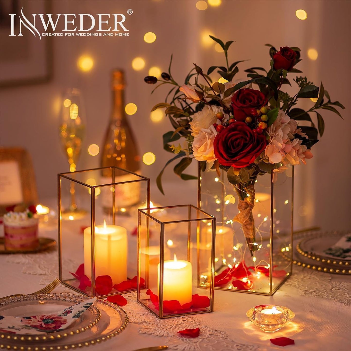 Hurricane Glass Candle Holder: Large Gold Lanterns Set of 3 | Geometric Design, 6.5/8.1/9.5 In Decorative Lanterns for