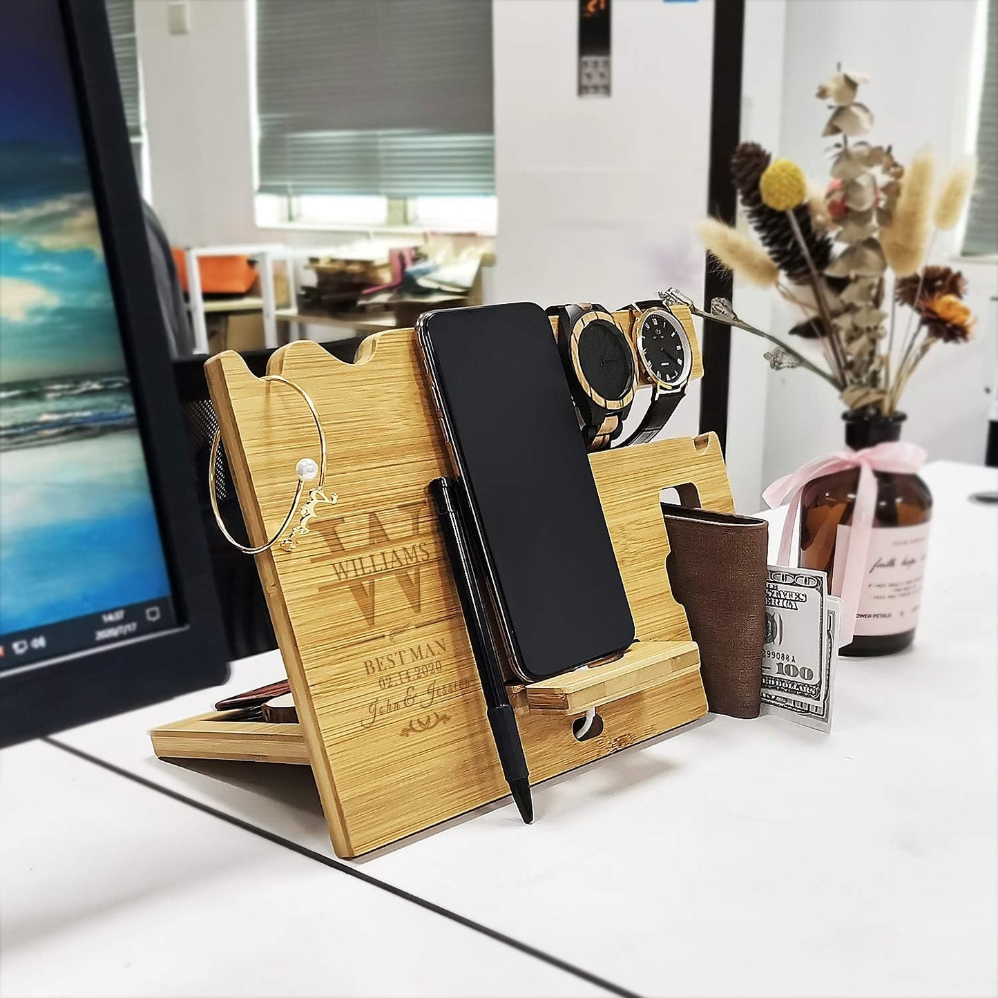 awofer Gifts for Men - Wood Phone Docking Station Personalized - Engraved Nightstand Organizer with Phone Charging