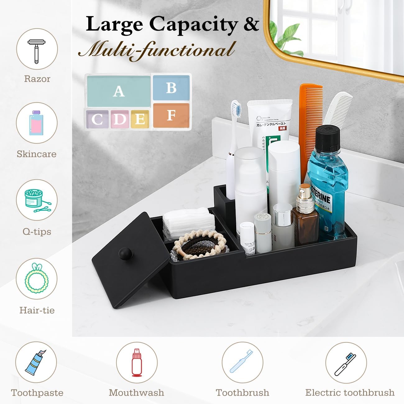 Luxspire Bathroom Counter Organizer with Lid, 6 Slots, Matte Black | Bathroom Vanity Organizer, Bathroom Organizer