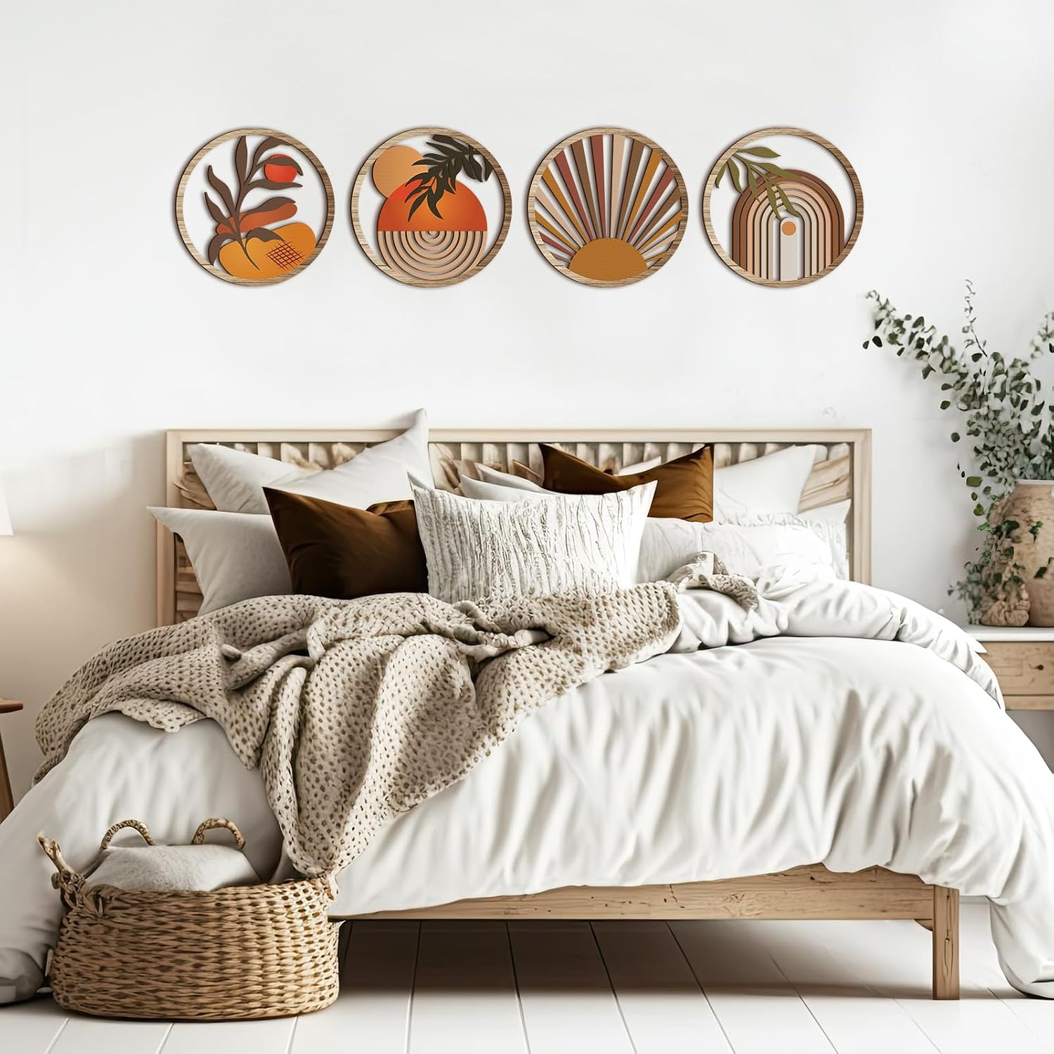 Boho Wall Art Bohemian Wooden Round Circle Wall Decor Hollow out Hanging / Stylish / Set of 4