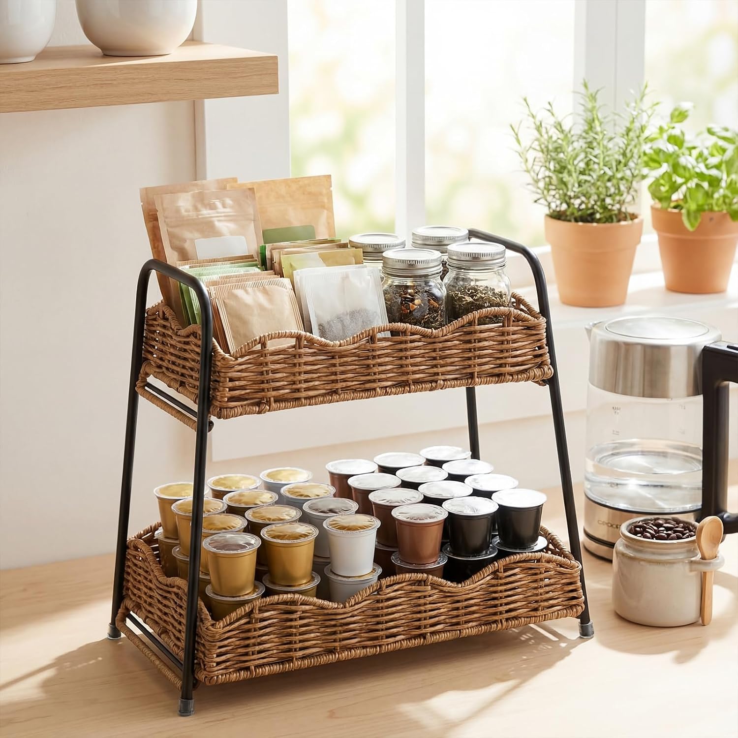 2 Tier Stackable Cabinet Organizer Shelves / 2-tier Rectangular / 12.8 x 8.7 x 12 / Dark / Natural