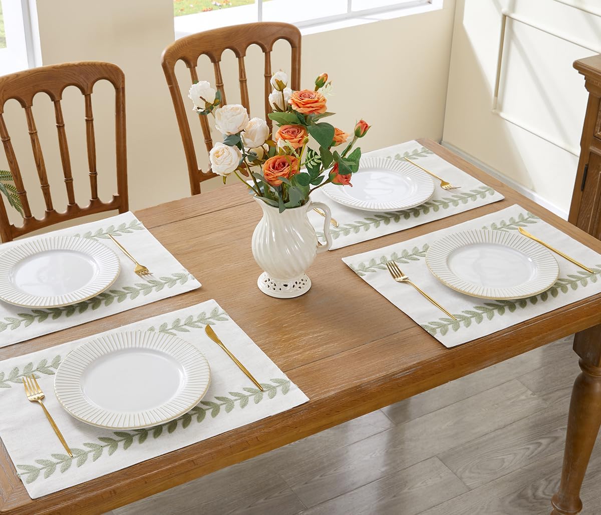 Wracra Embroidered Place Mats, Sage Green Rustic Placemats Set of 6 | Macrame Placemats 12 x 18 Inch; Heat Resistant