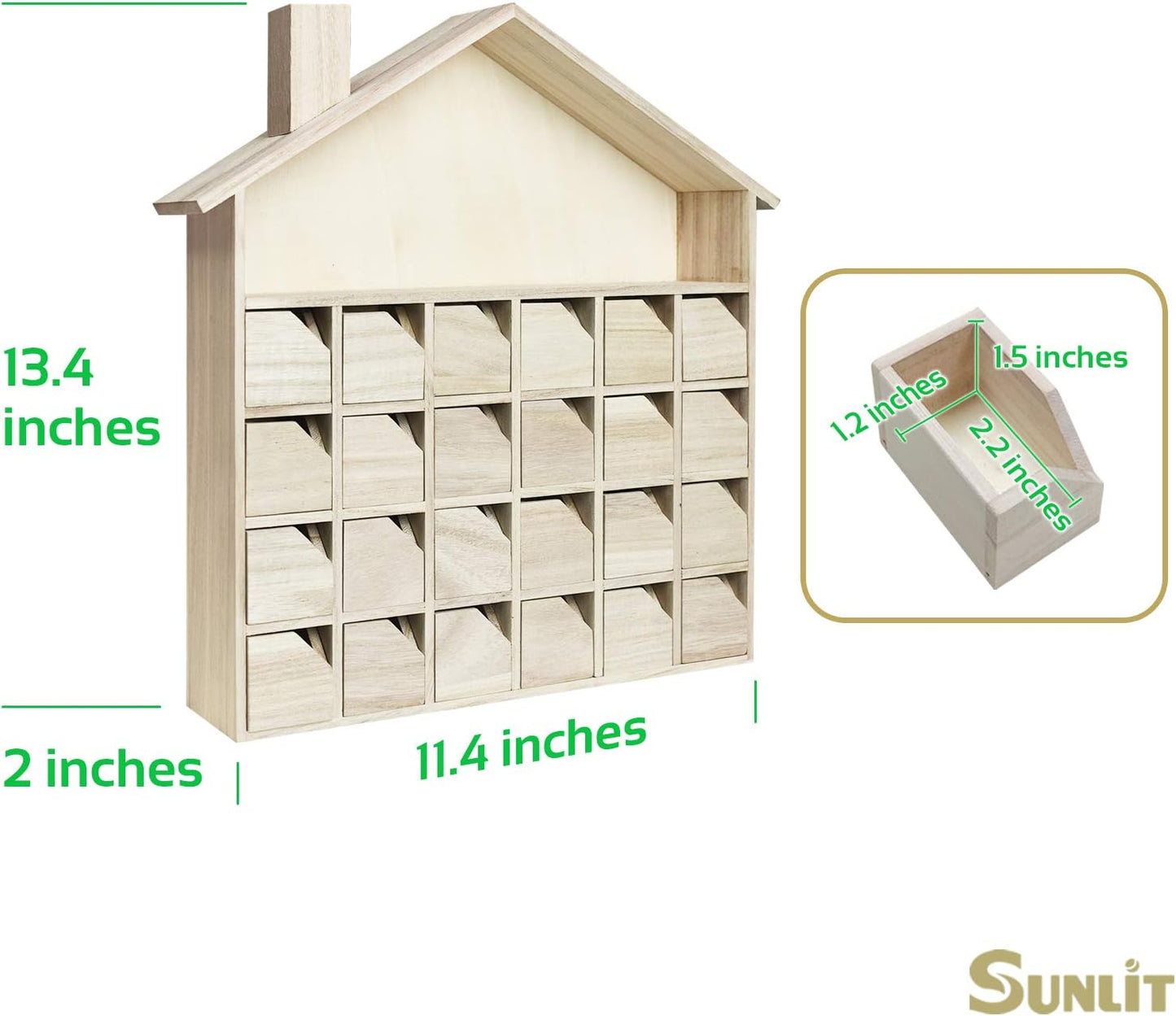 Sunlit Christmas Wooden Advent Calendar with Drawers, Unfinished Wooden, House Shaped Countdown Calendar Ready to