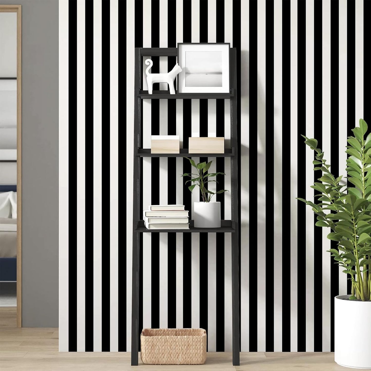 White Striped Wallpaper " Removable Striped Peel and Stick Wallpaper Waterproof / Black / 17.3 x 120