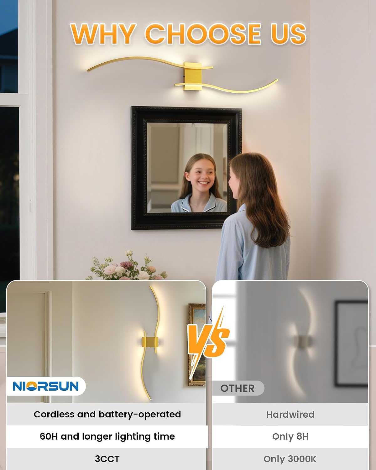 39.4 Inch Battery Operated Wall Sconce Set of 2, Gold Modern Rechargeable Wall Lights with Remote, 3CCT Dimmable