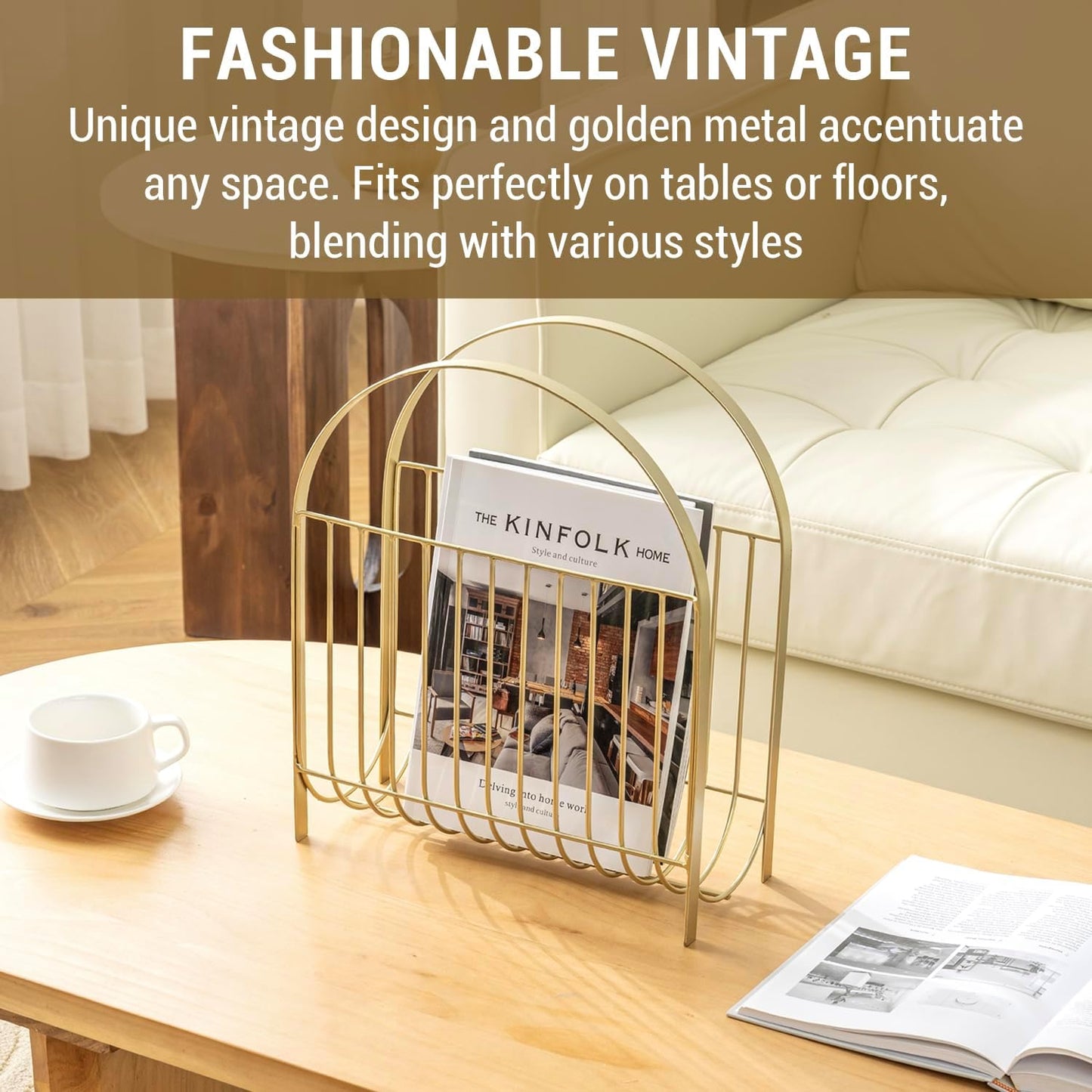 MyGift Deluxe Mid Century Brass Tone Metal Wire Magazine Holder Rack, Table or Floor Display Newspaper Stand Storage
