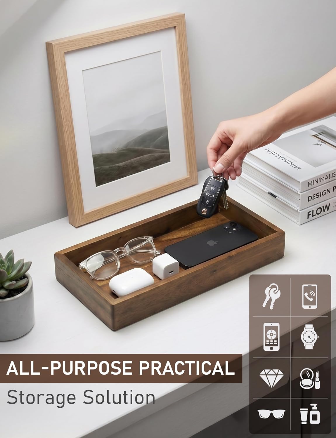 Acacia Wood Valet Tray & Catchall / Dark Brown / 12.2 x 6