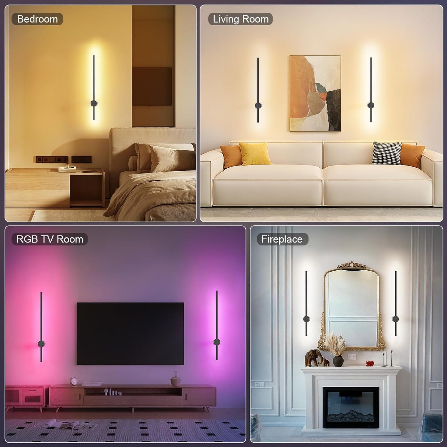 24 Inch Battery Operated Wall Sconce Set of 2,Black Minimalist Rechargeable LED Wall Lights with Remote, 10 Colors