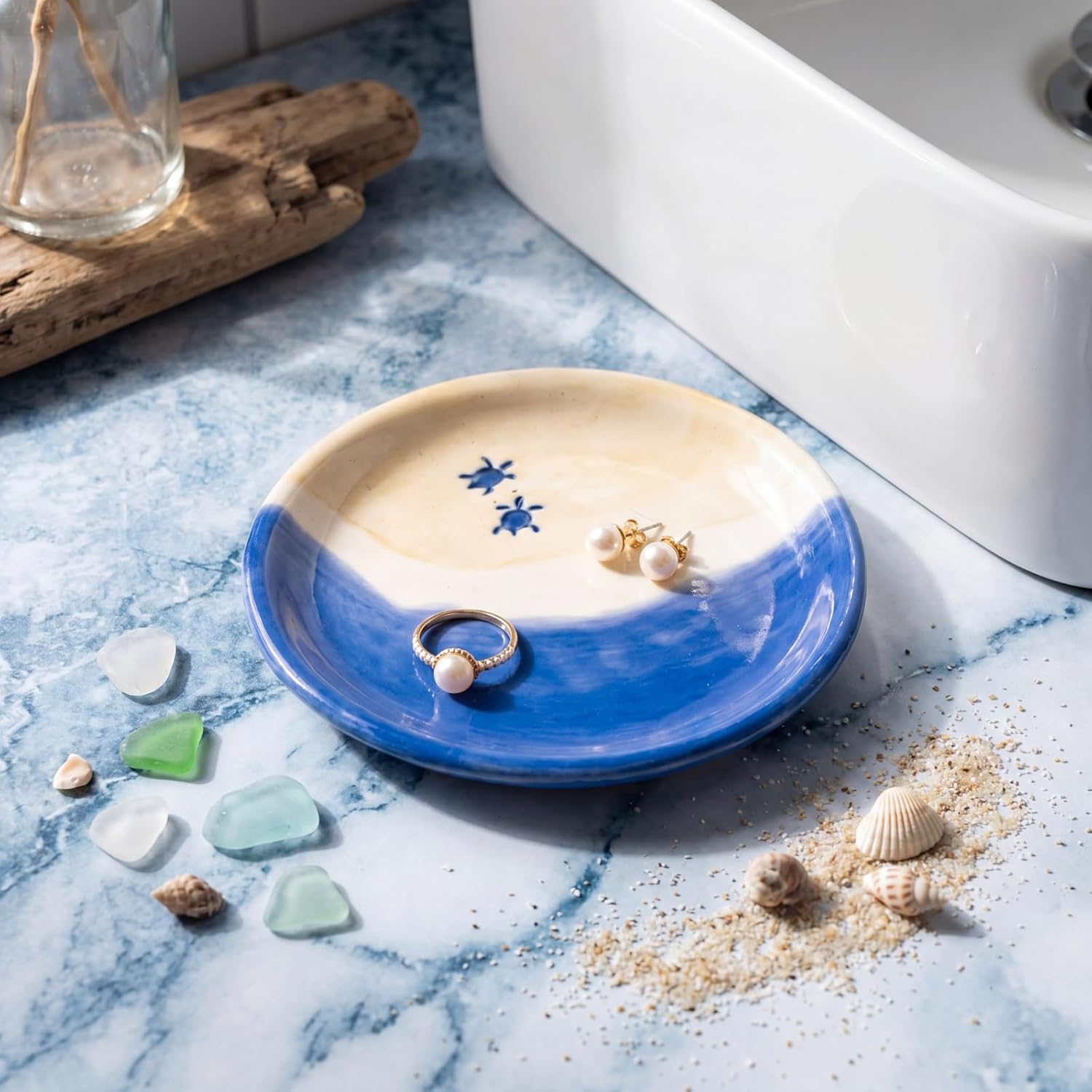 Ring Holder / Coastal Ocean Theme Trinket Tray / Sea Turtle / Blue