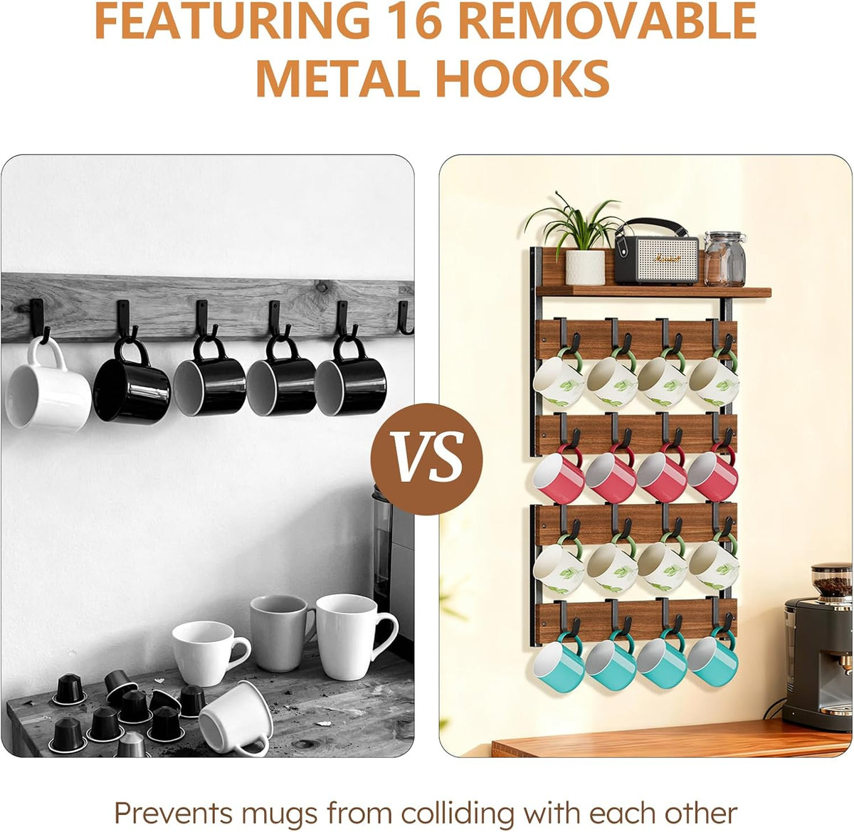 2-in-1 Coffee Cup Holder Wall Mounted with 16 Adjustable Hooks | 4-Tier Coffee Mug Holder Wall Mount with Display