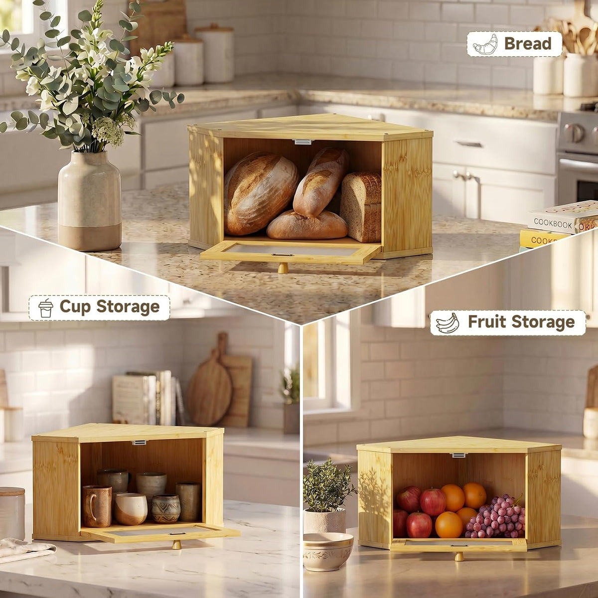 Corner Bread Box For Kitchen Countertop,Bread Storage Bin (Natural, Medium) | Small Bamboo Bread Container,Corner Shelf