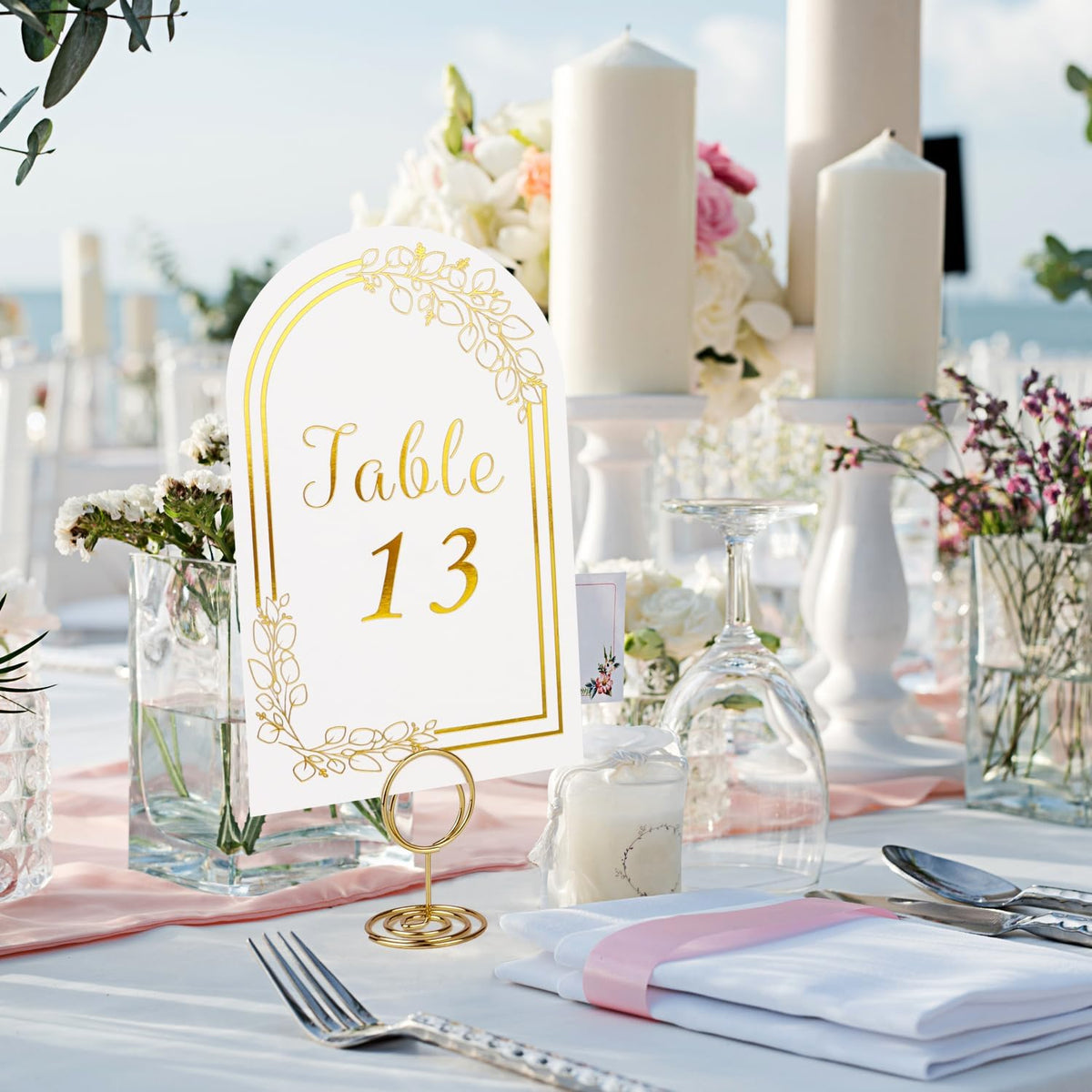 Wedding Table Numbers 1-40, 40 White Gold Table Number Cards with 40 Gold Table Number Holders, 1 Set of 40 Table
