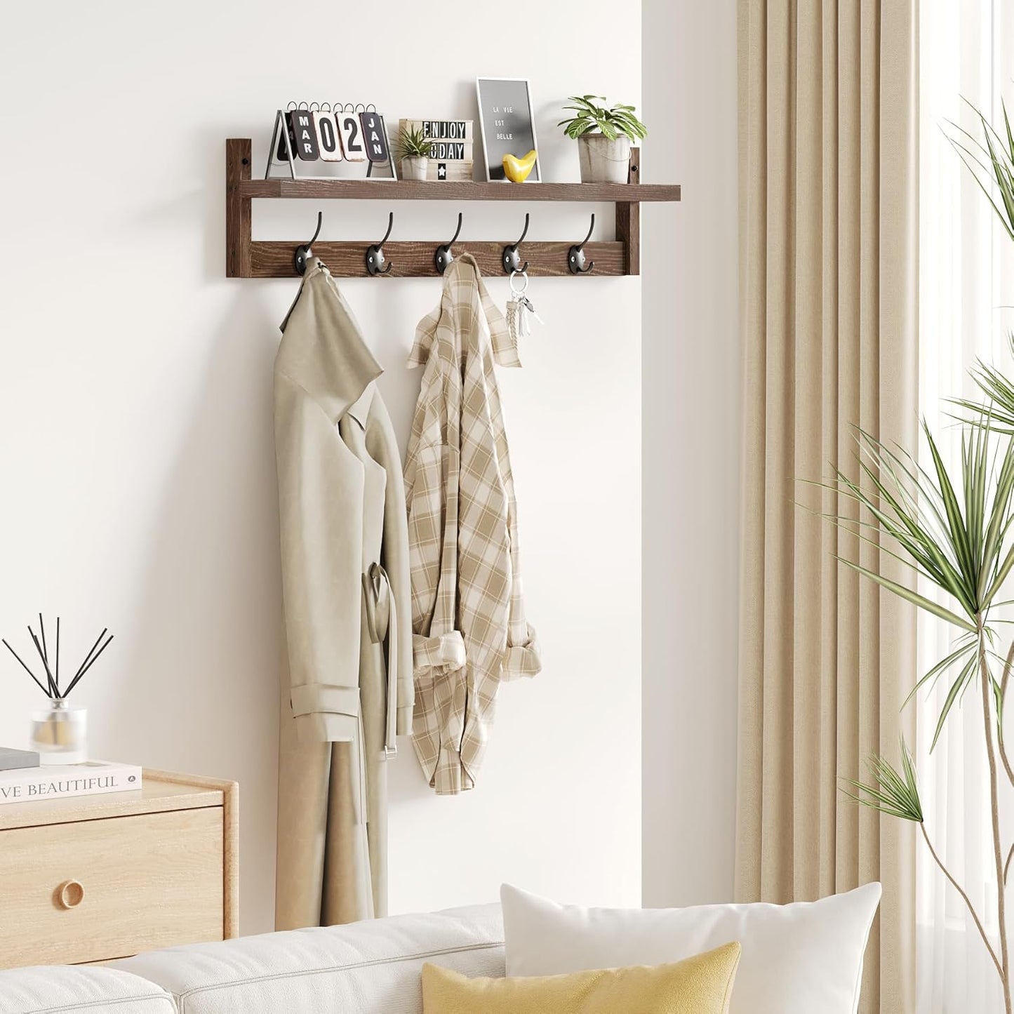Hooks Entryway Coat Rack Wall Mount Wood Coat Hooks / 28.9inch / Retro Brown
