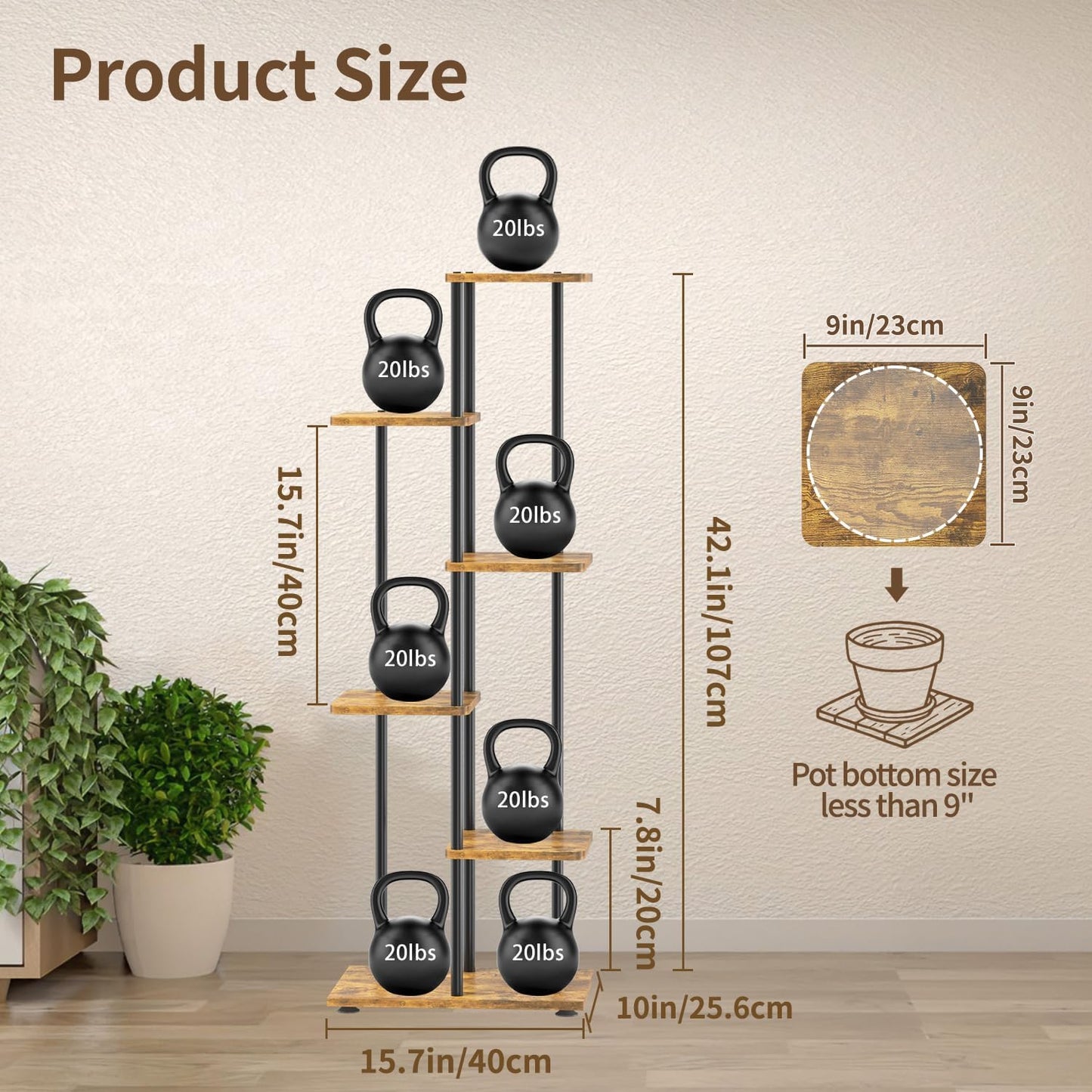 LASZOLA Plant Stand Shelf Tall for Indoor Corner, 5 Tier Wood Brown | Heavy Duty Multi Level Vertical Flower Rack for