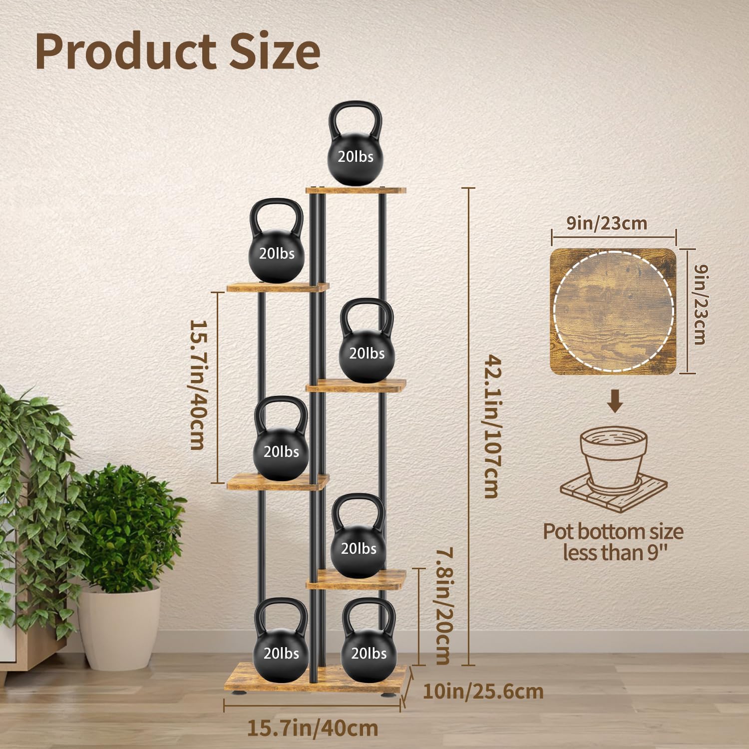 LASZOLA Plant Stand Shelf Tall for Indoor Corner, 5 Tier Wood Brown | Heavy Duty Multi Level Vertical Flower Rack for