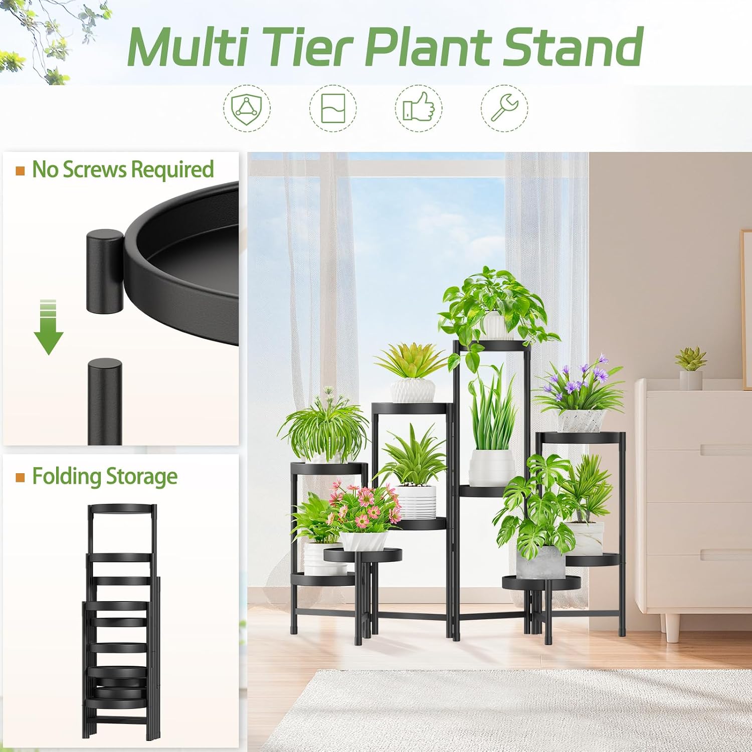 iDavosic.ly Plant Stand Indoor Outdoor, 10 Tier Metal Corner Shelf, Black | Tiered Flower Display Holder, Folding Multi