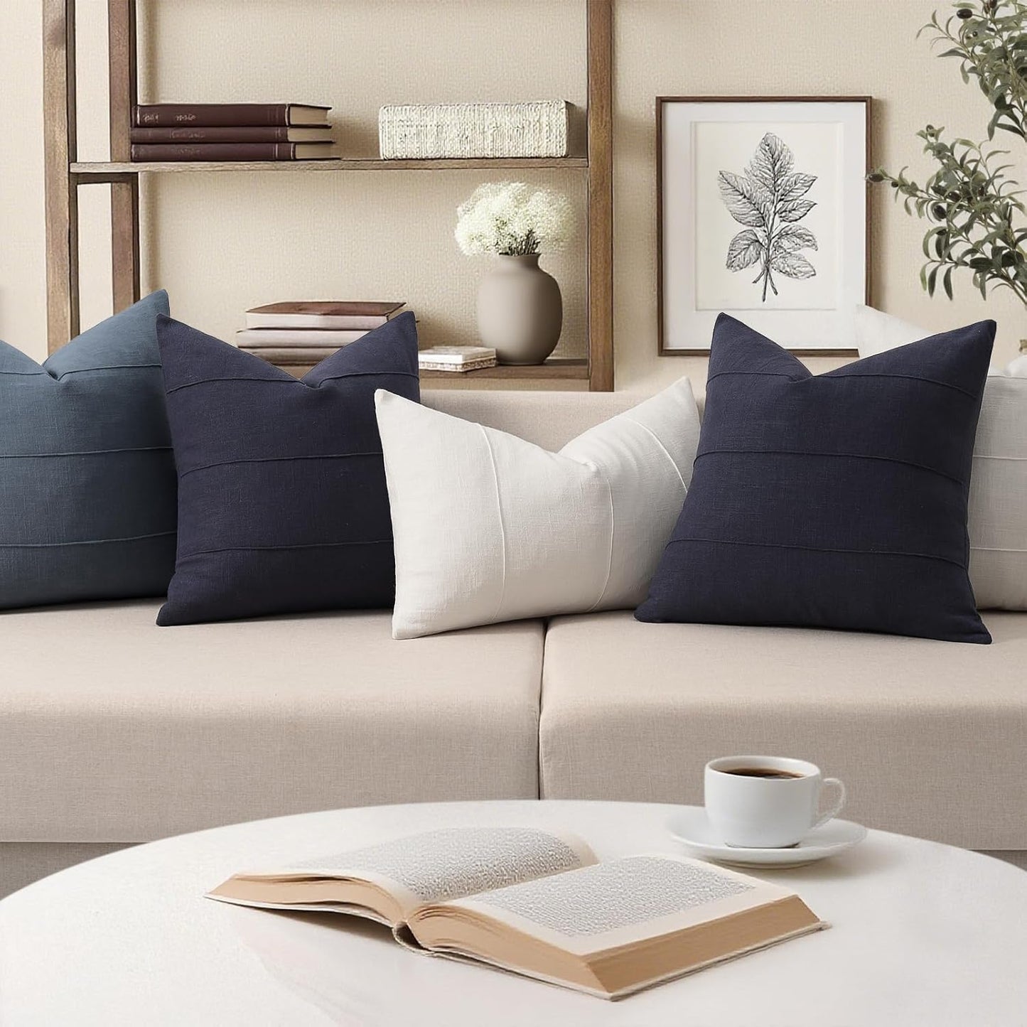 Decorative Linen Throw Pillow Covers Solid Handcrafted Striped / Dark Navy / 18 x 18 / Set of 2