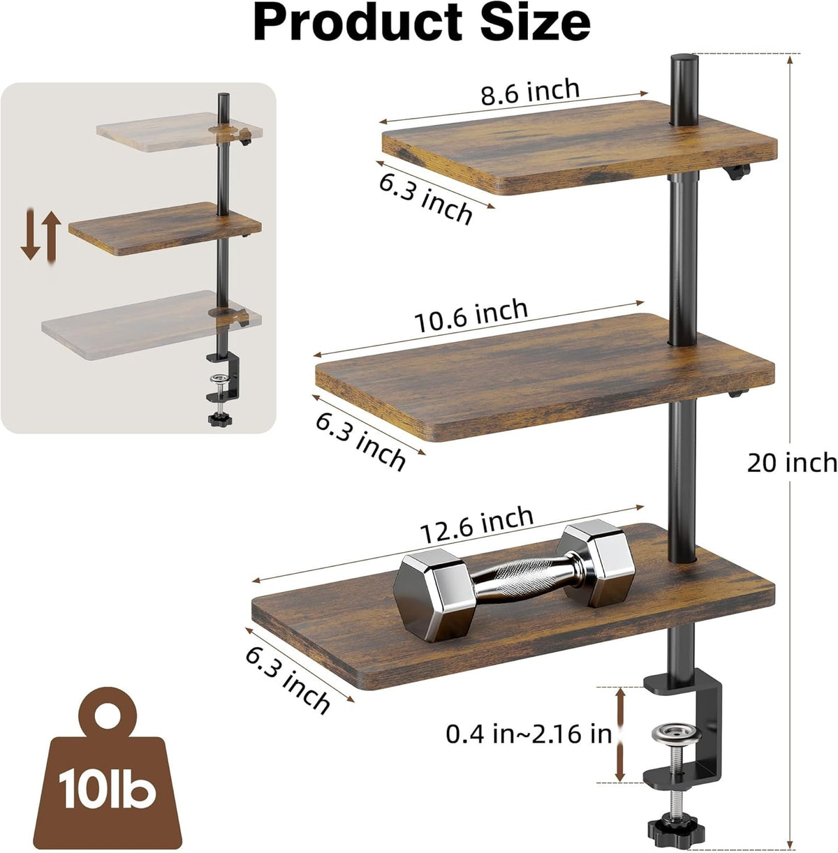 3 Tiers Clamp On Desk Shelf, 360° Angle Adjustable Desktop Shelf Organizer for Home Office Gaming Room, No Drill Desk