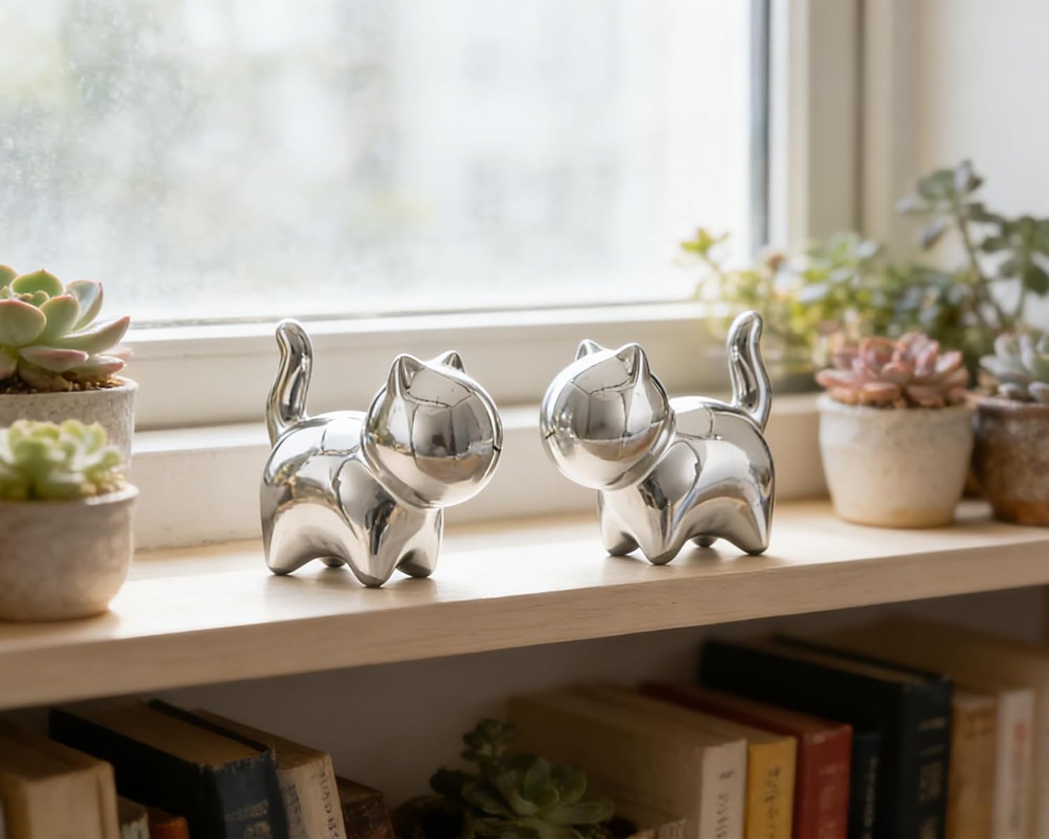 Small Ceramic Cat Statues / Silver / 3 Inch / Set of 2
