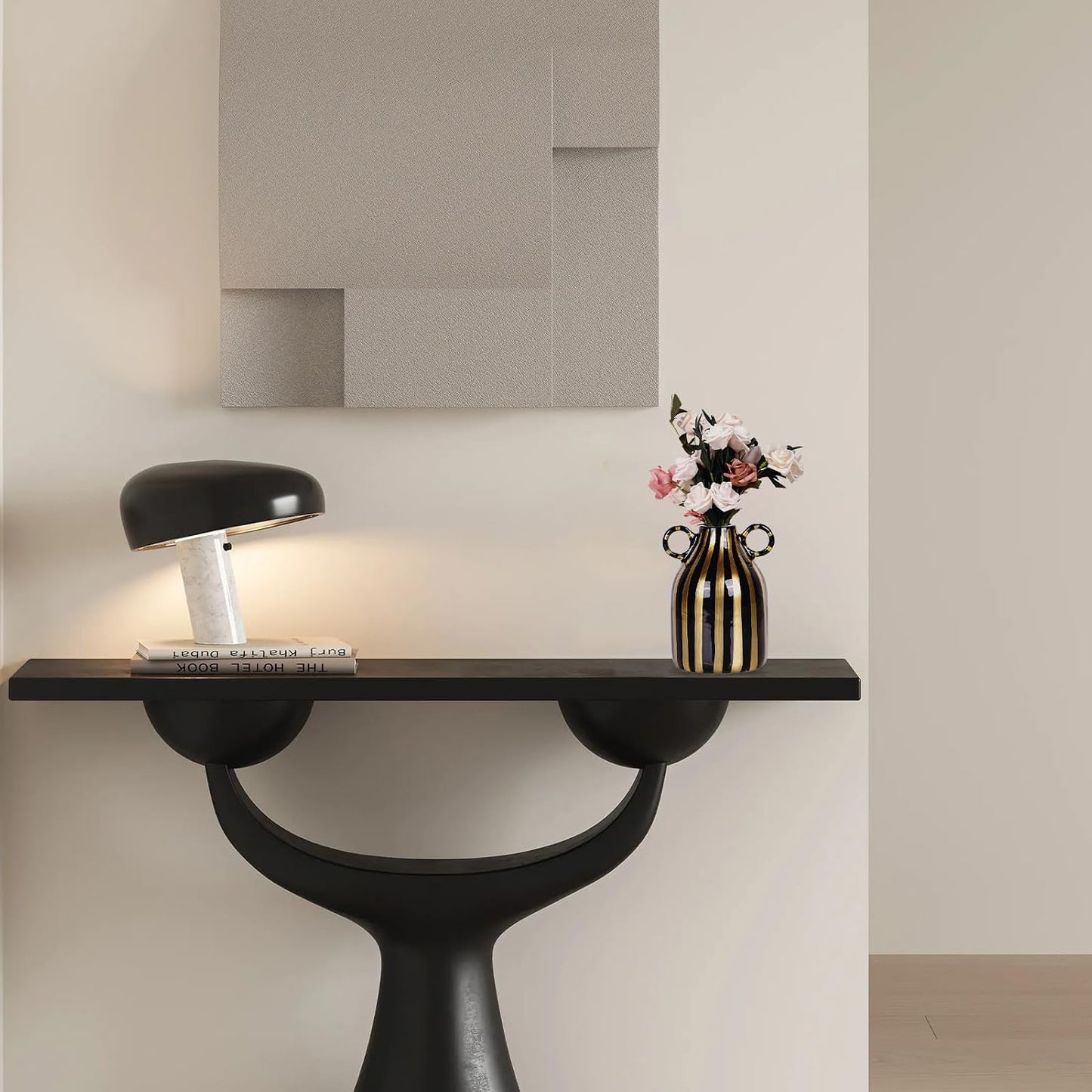 Ceramic Black and Gold Hand-Painted Striped Decorative Vase for Modern Bohemian Pampas / Black Gold