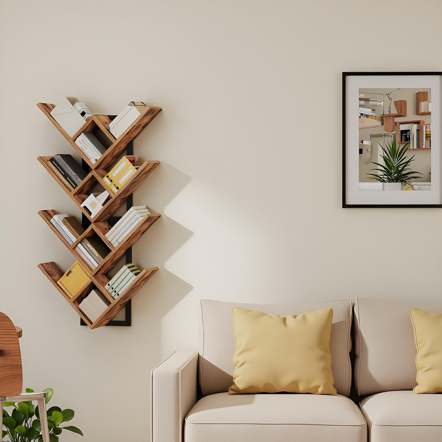 HOOBRO Floating Shelves for Wall, Set of 2 Wall Mounted Shelves, 2-Tier Wooden Tree Bookshelf, Hanging Shelves Storage