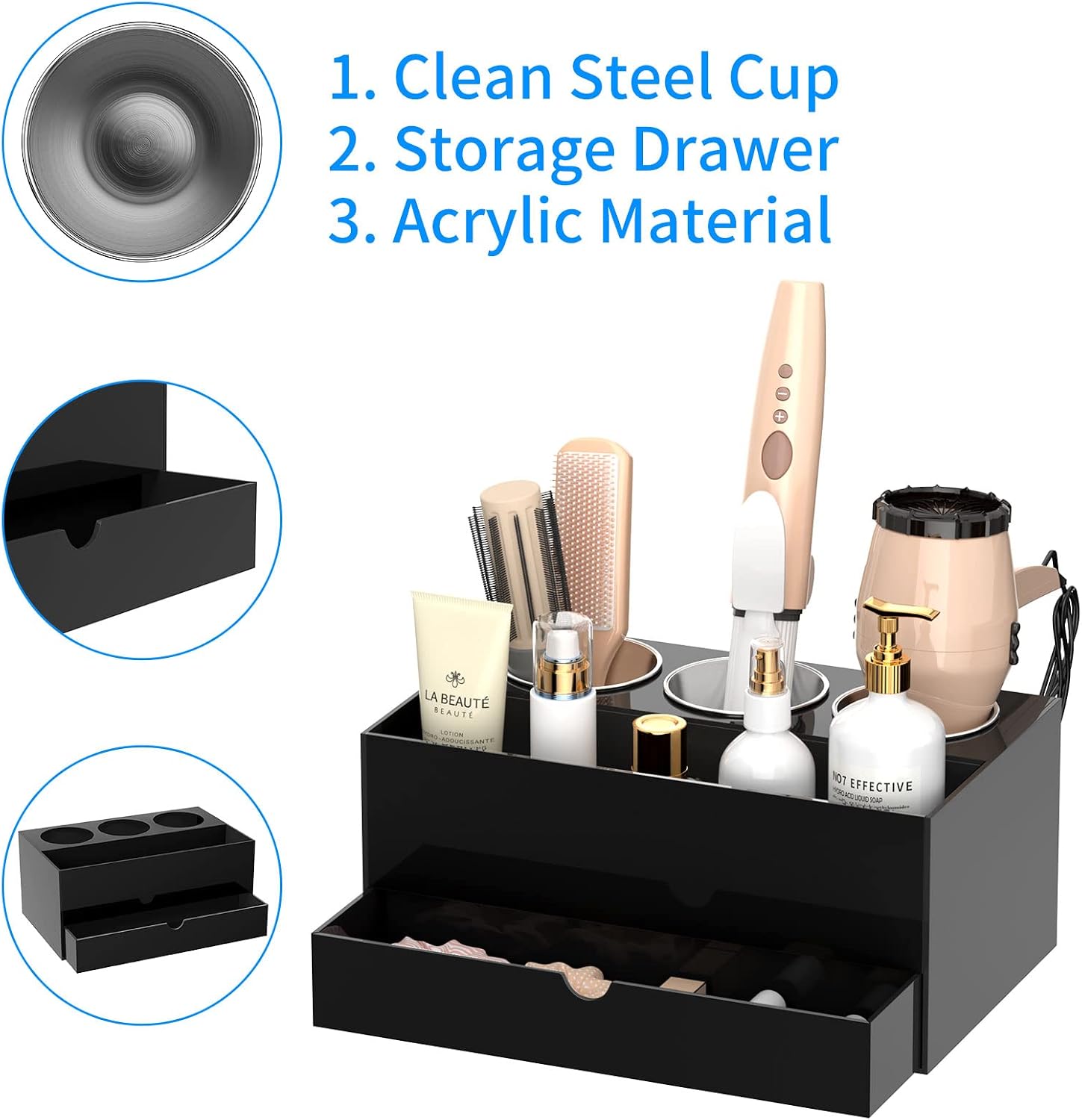 NIUBEE Acrylic Hair Tool Organizer with Drawer, Hair Dryer Holder Organizer | Black, Hot Tools Organizer Countertop
