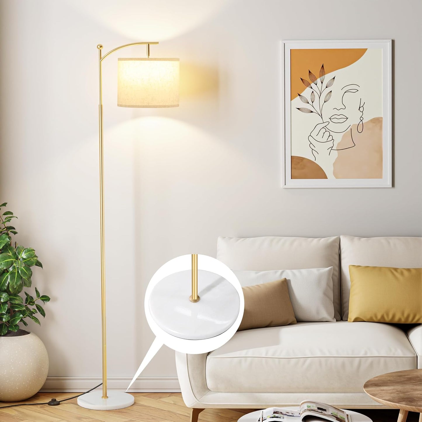 Ambimall 60" Floor Lamp for Living Room with 3 Color Temperatures, Gold Standing Lamp with White Marble Base, Modern