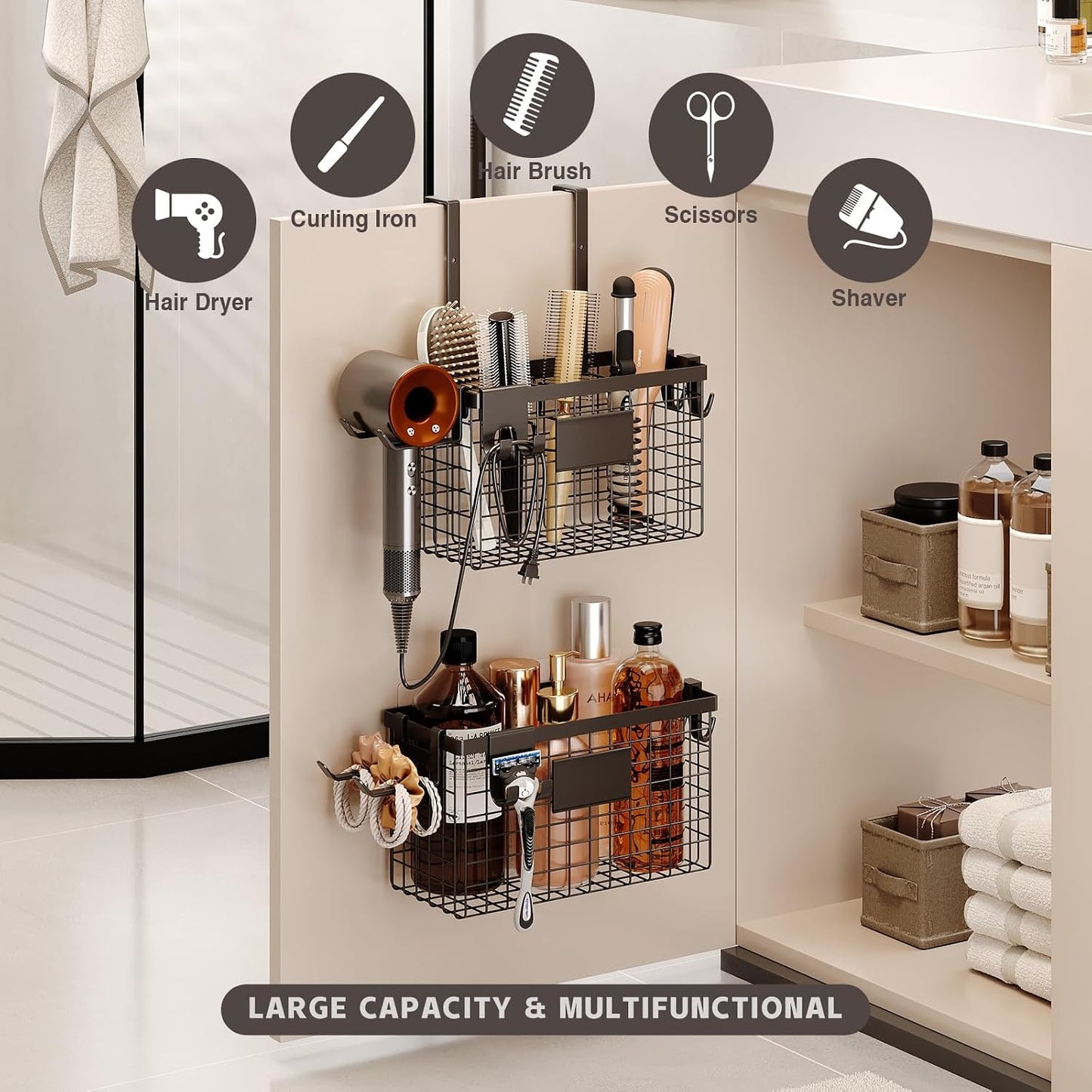 Magheo Hair Dryer Holder Cabinet Door 3-in-1 Adhesive Hair Tool Organizer Wall Mounted Adjustable Height Blow Dryer