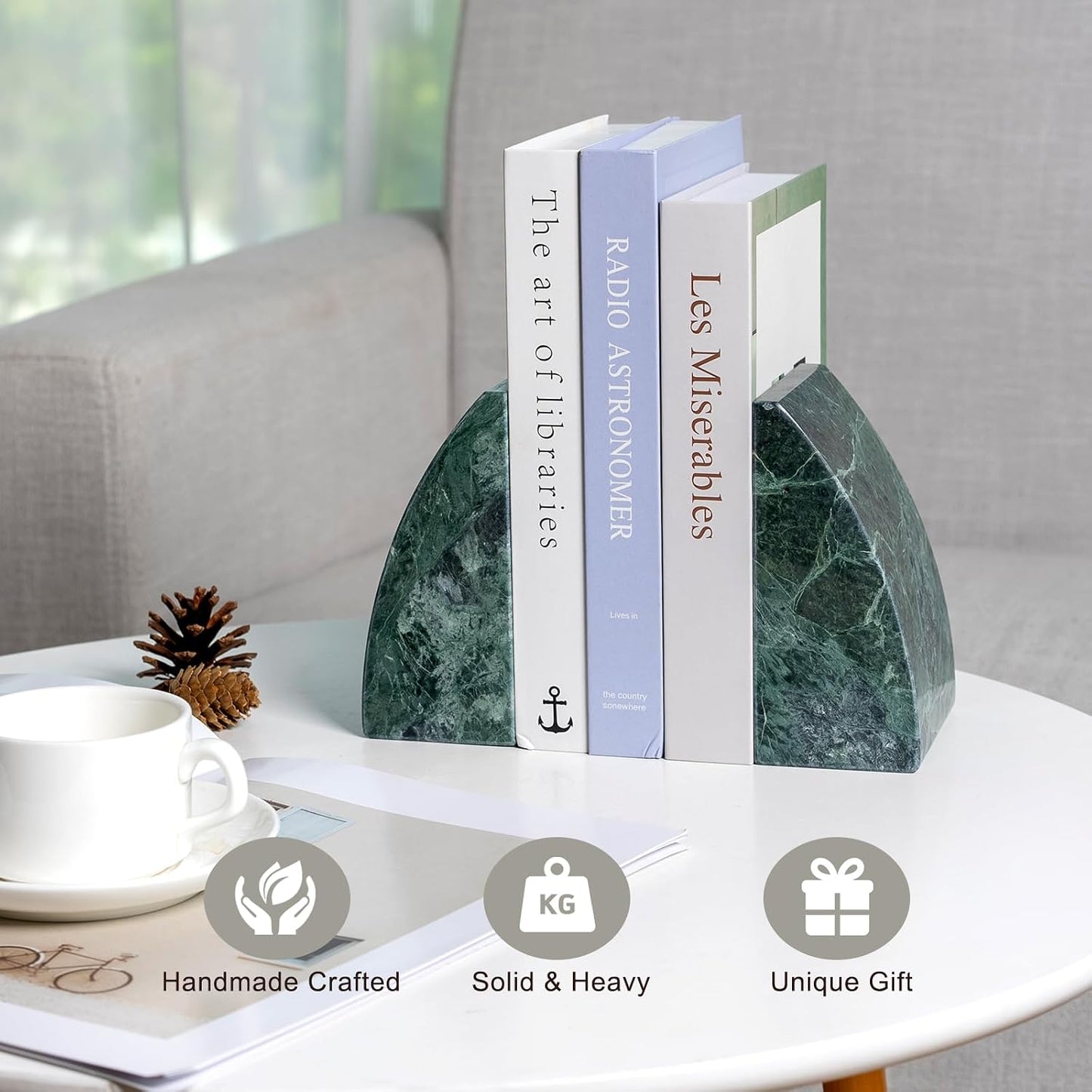 Marble Bookends / Non-Slip Heavy Duty Book Stopper / Sail-green