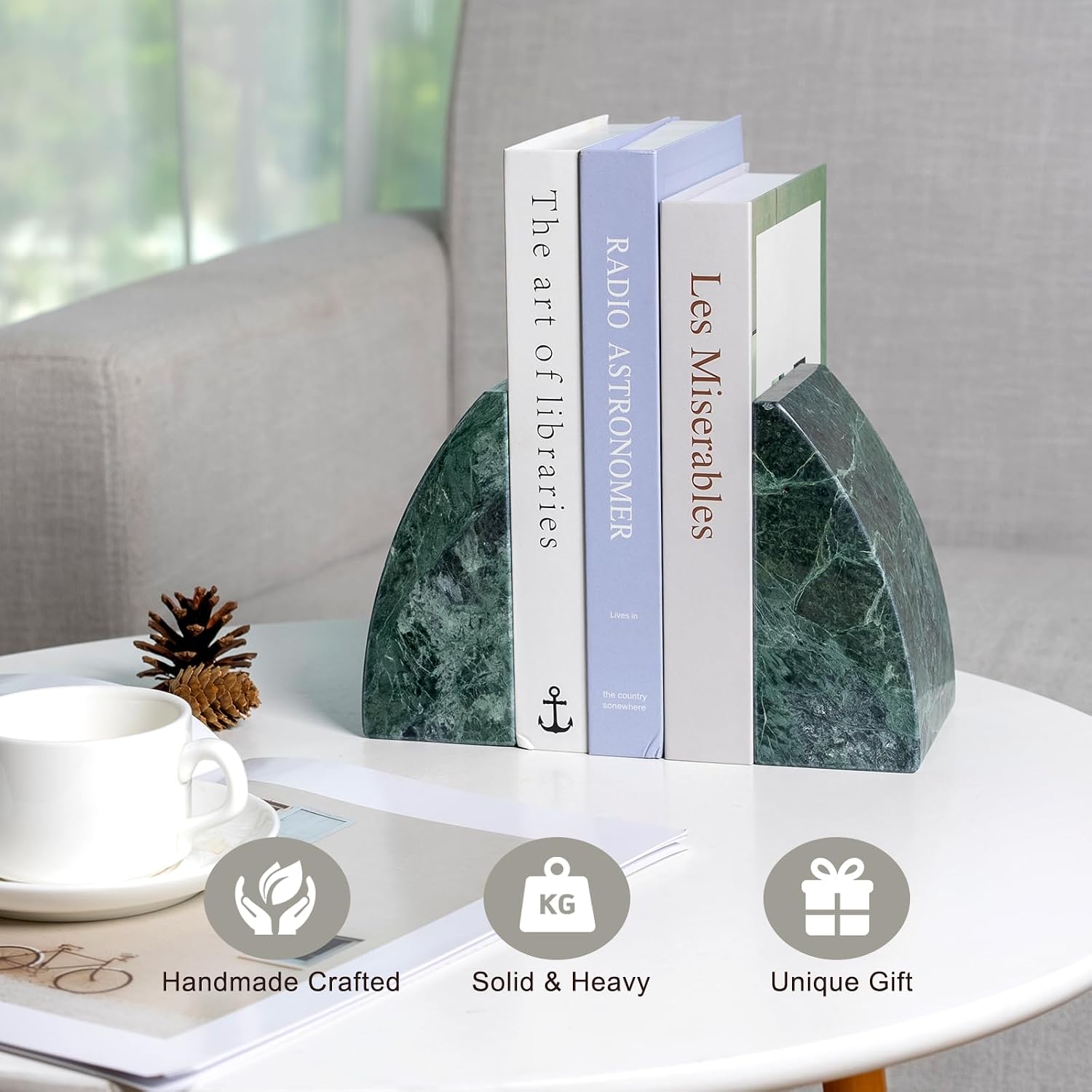 Marble Bookends / Non-Slip Heavy Duty Book Stopper / Sail-green