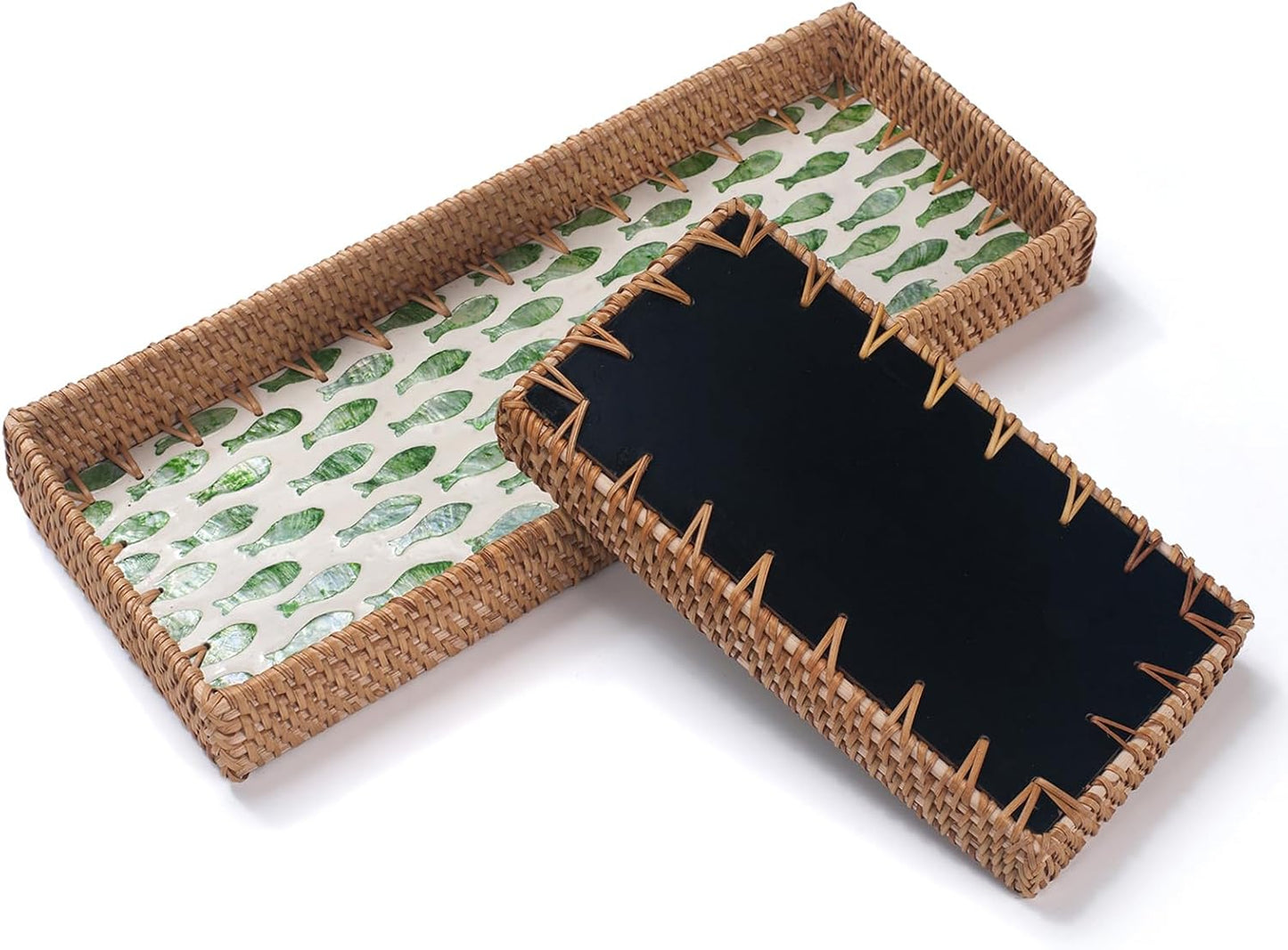 Rattan Bathroom Vanity Tray / Green Fish / Set of 2