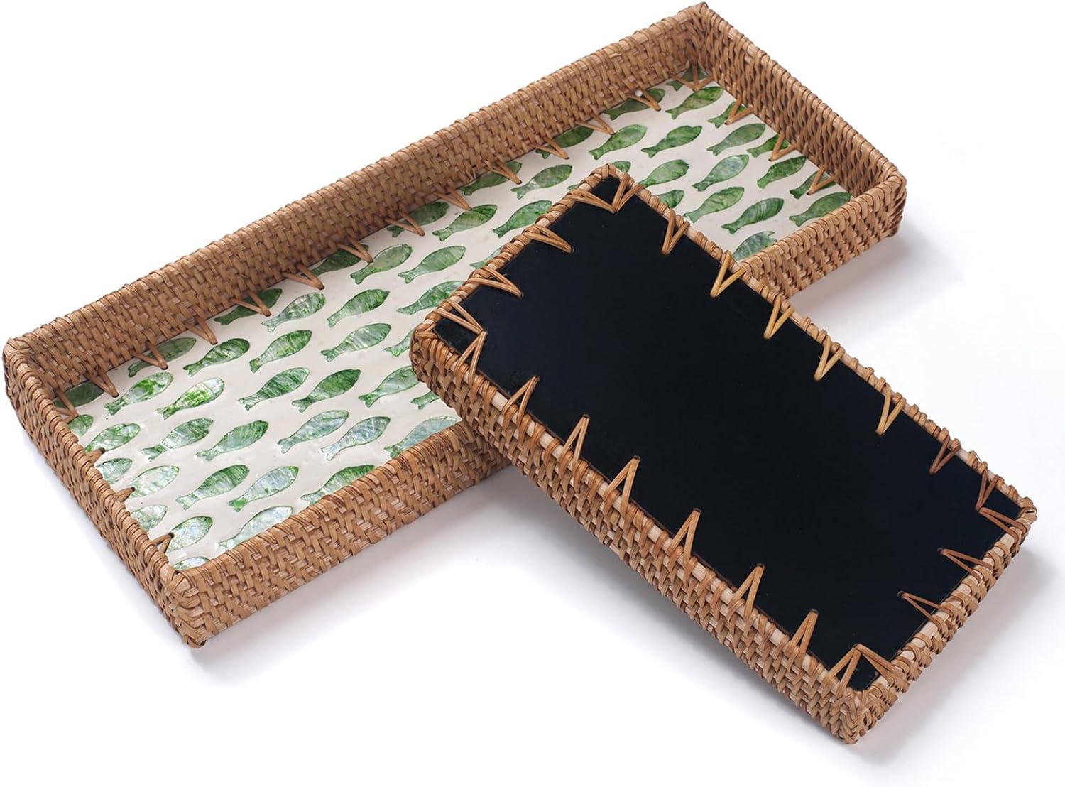 Rattan Bathroom Vanity Tray / Green Fish / Set of 2