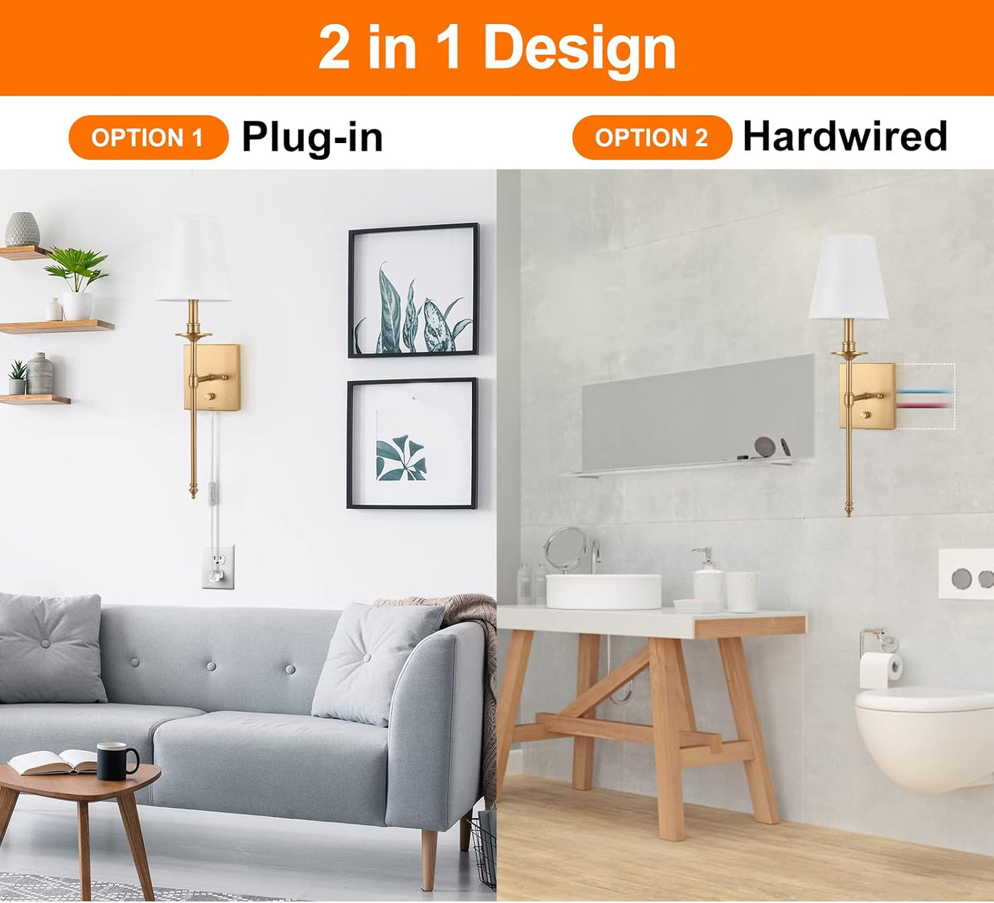 Dimmable Wall Sconces Set of Two, Plug in Wall Sconces White Fabric Shade, Wall Lamp for Bedroom, Living room, Plug in