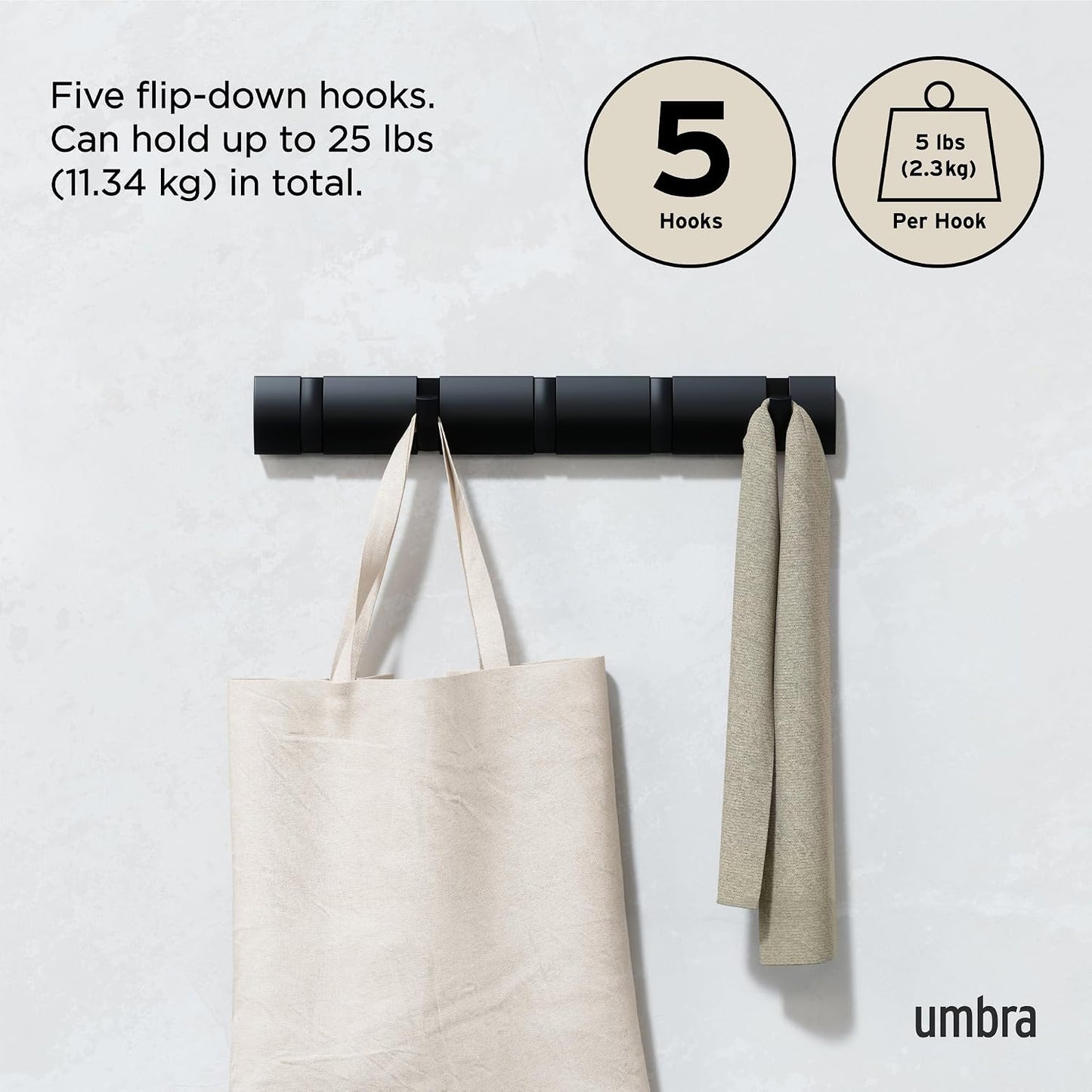 Umbra Flip Coat Rack, Wall Mounted 5-Hook Space Saving, Black/Black | Real wood and steel build, retractable hooks fold