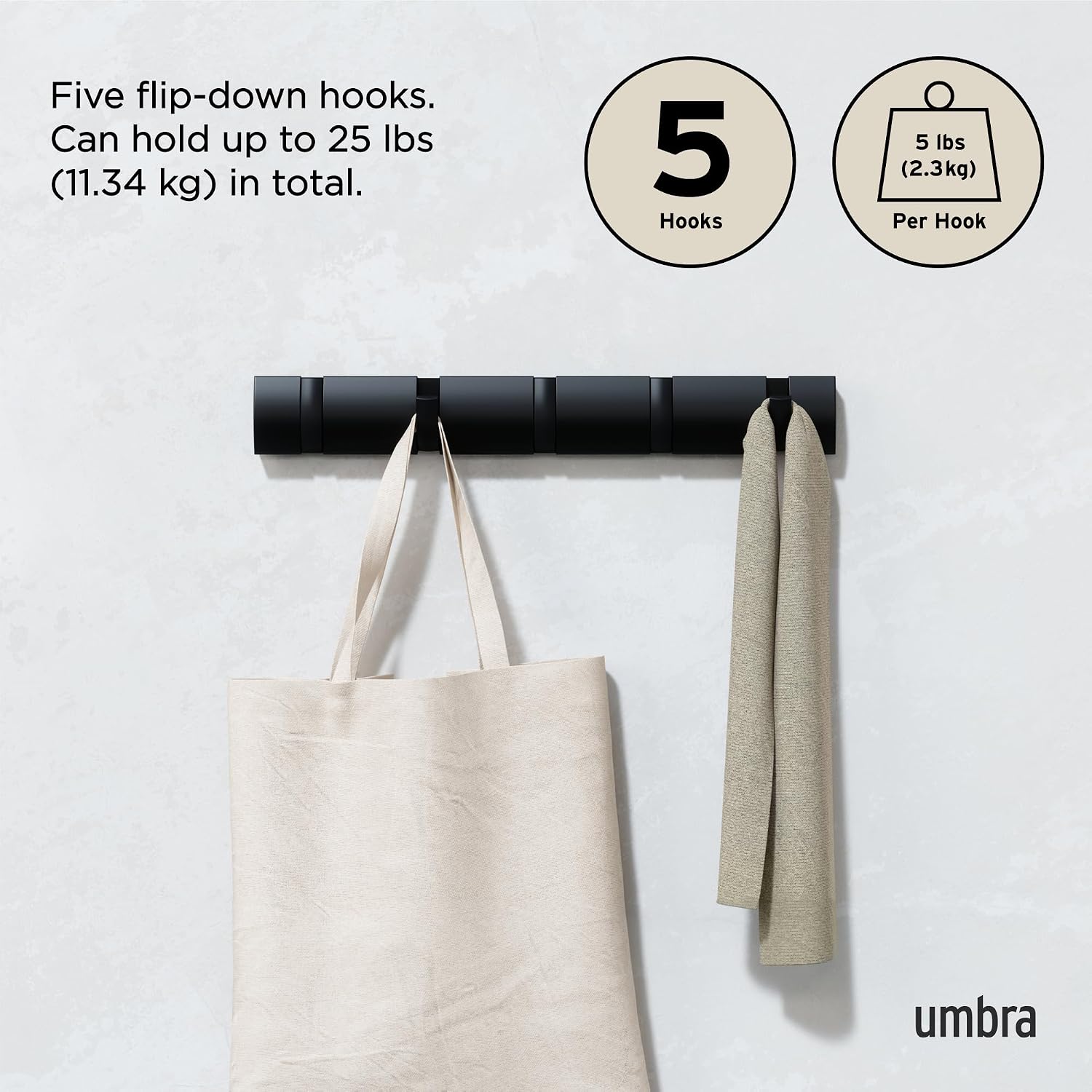 Umbra Flip Coat Rack, Wall Mounted 5-Hook Space Saving, Black/Black | Real wood and steel build, retractable hooks fold