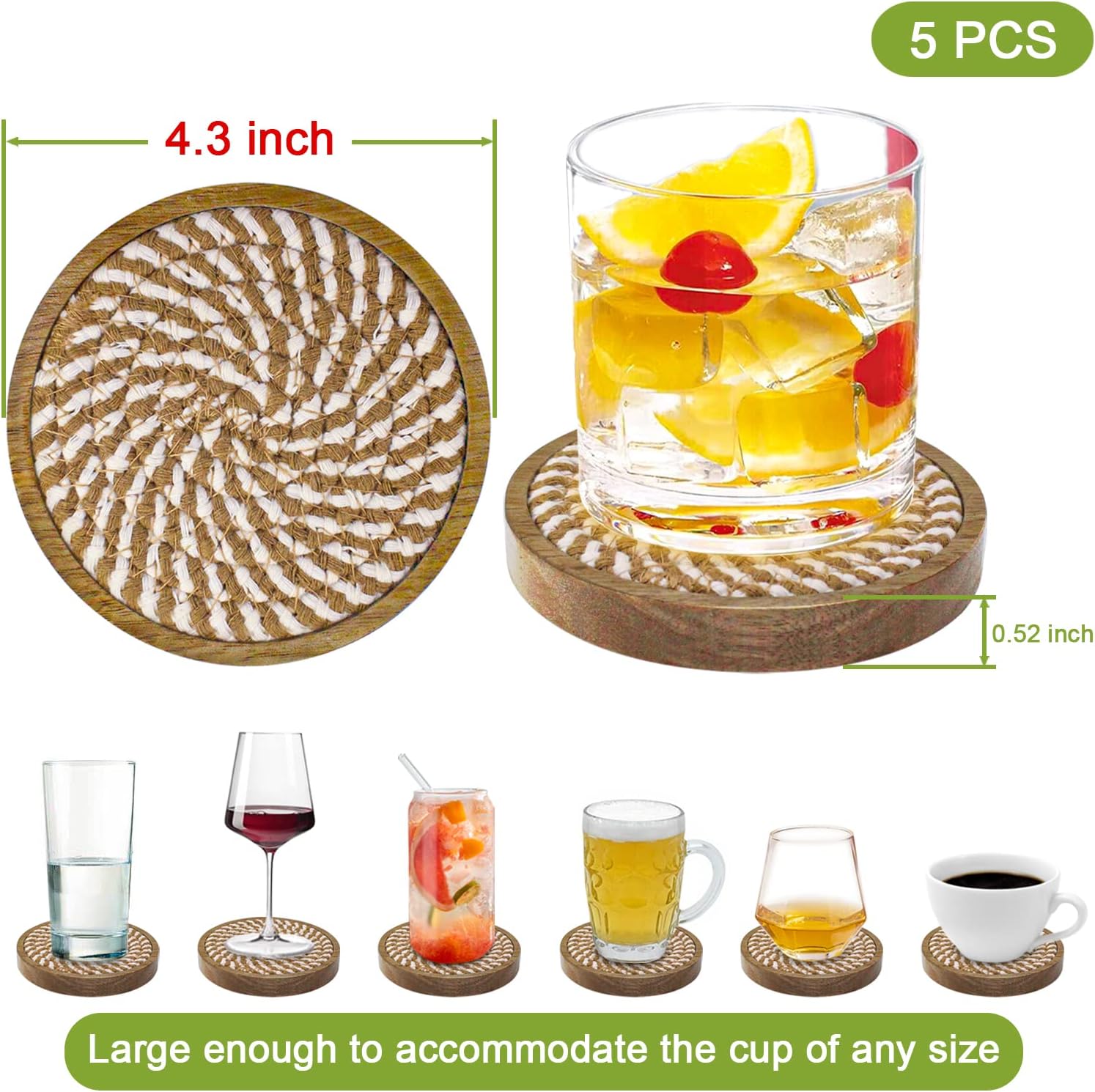 Wooden Drink Coasters / Borwn & White / 4.3 Inch / Set of 5