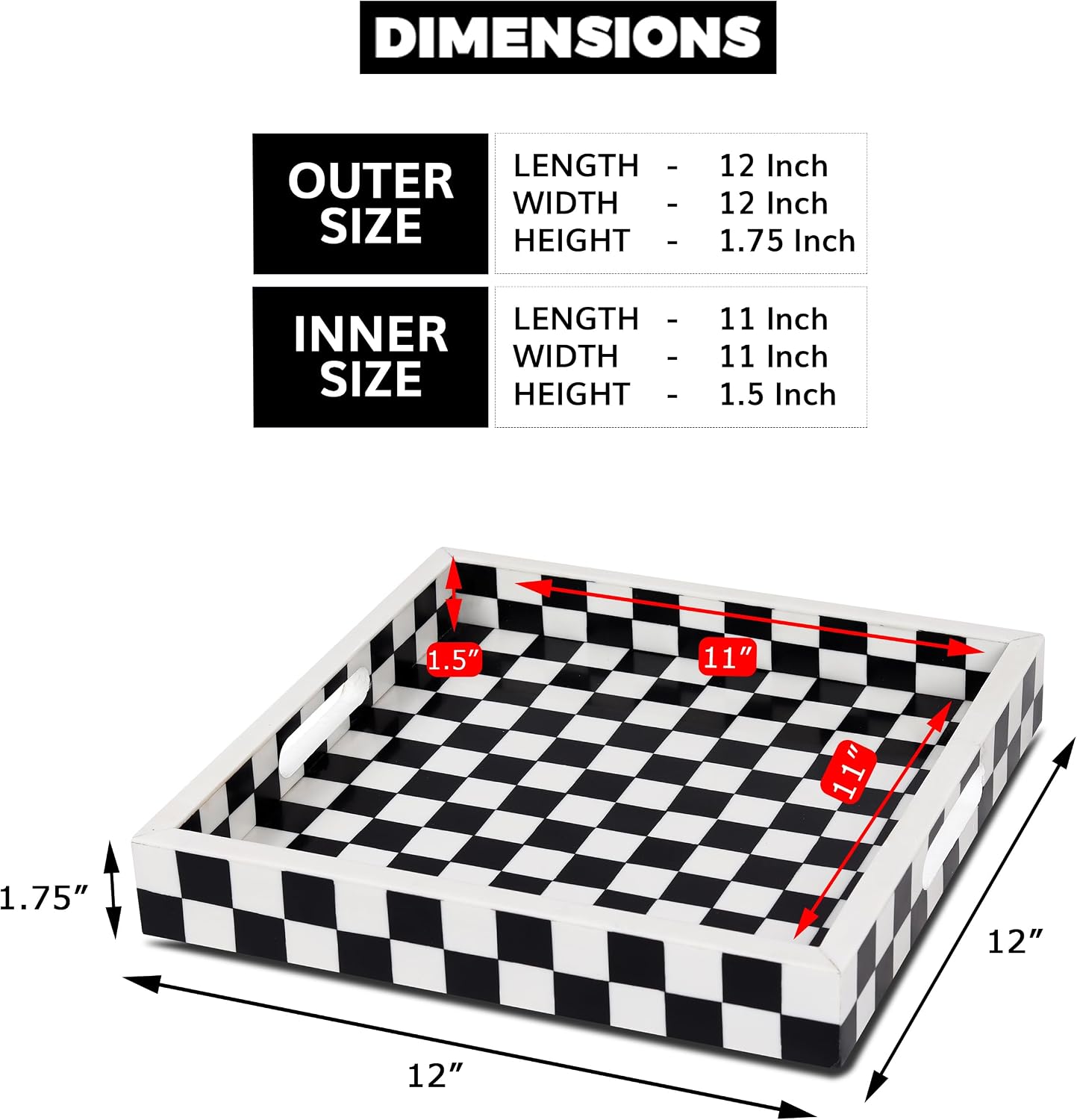 Decorative Serving Tray / 12 x 12 x 1.5 / Illusion Check / Black