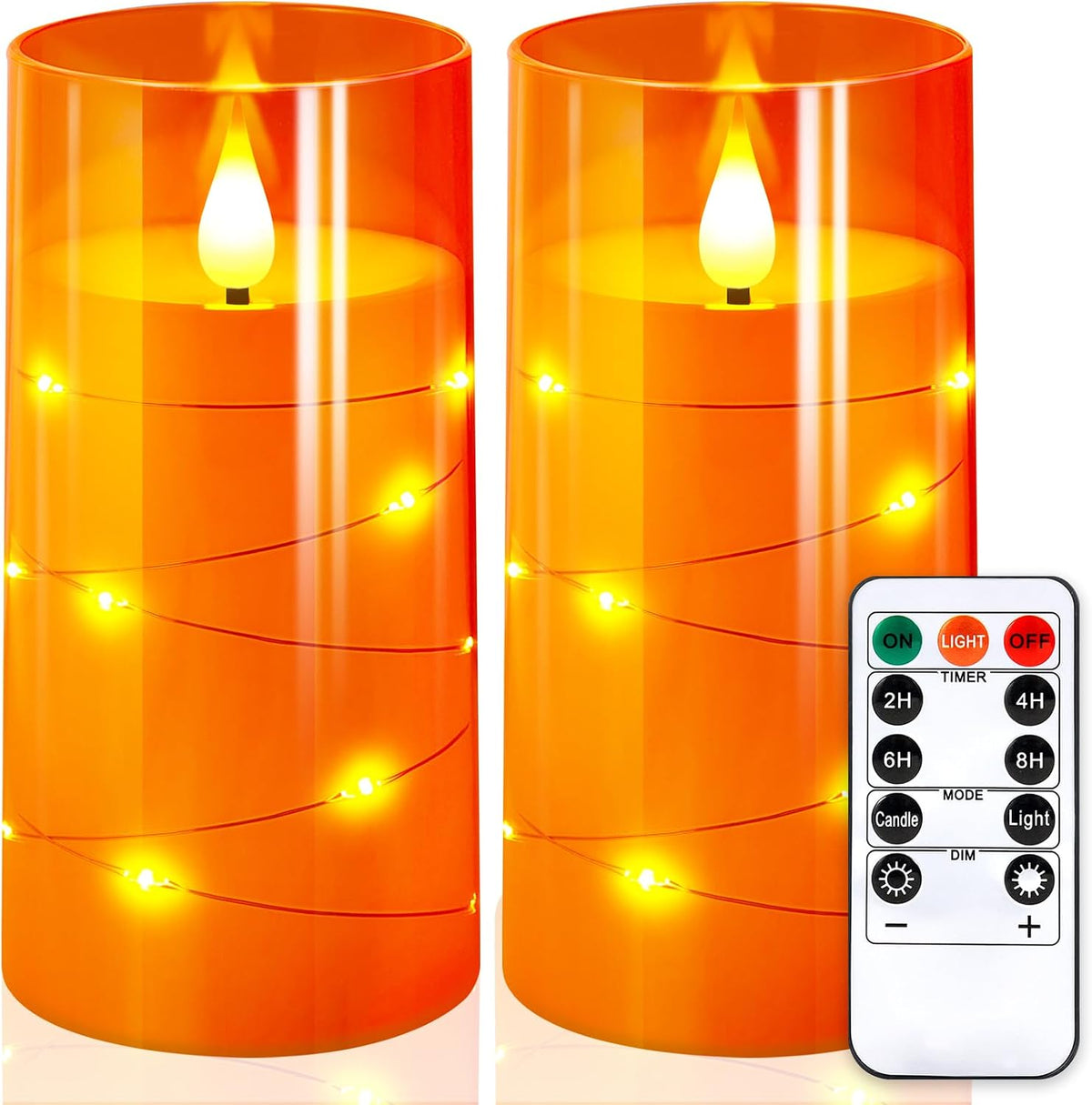 NURADA 3"x6"Flickering Flameless Candles: Built-in Star String Lights 3D Wick Battery Operated LED Pillar Candles with Remote and Timer for Halloween Thanksgiving Dinner Tables Home Fall Decor Orange