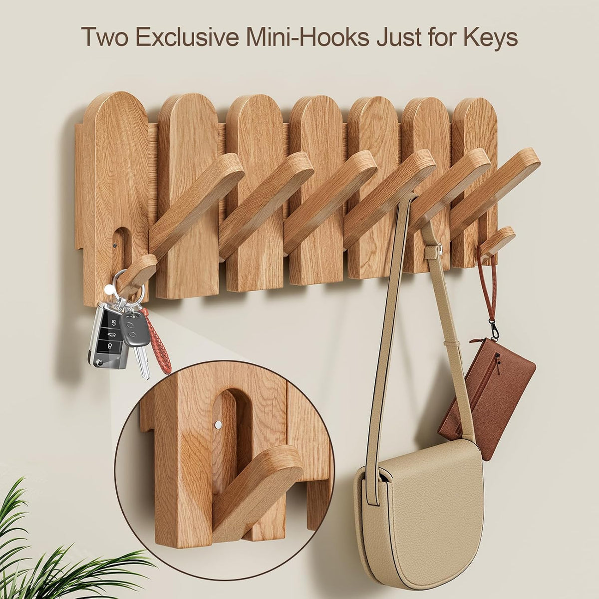 Solid Walnut Coat Rack Wall Mount, 16.5" Wood Wall Mounted Coat Rack with 8 Retractable Hangers,Heavy Duty Wooden Coat