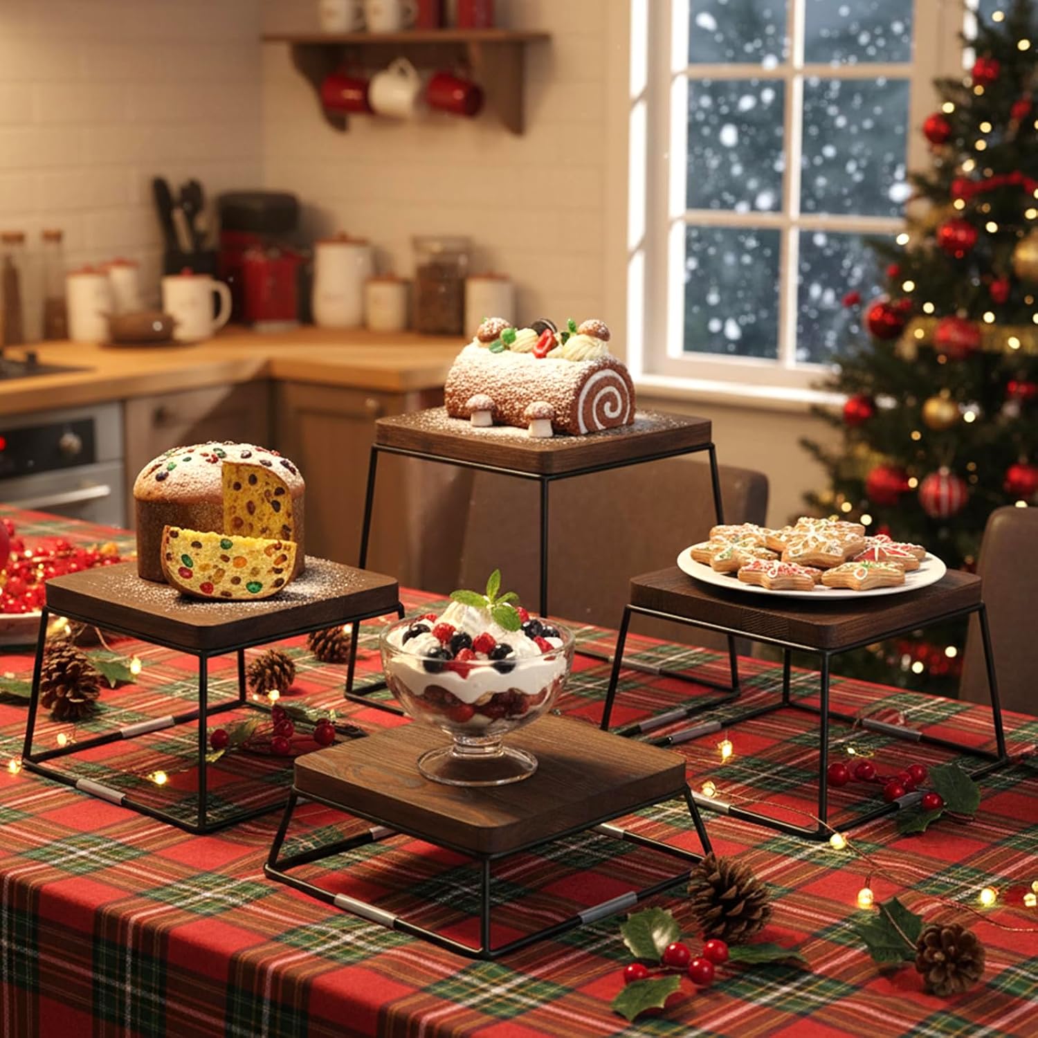 MyGift 4 Piece Dessert Display Stand Set Wood Buffet Risers Brown Metal | Matte Black Wire Bases, Nesting Display