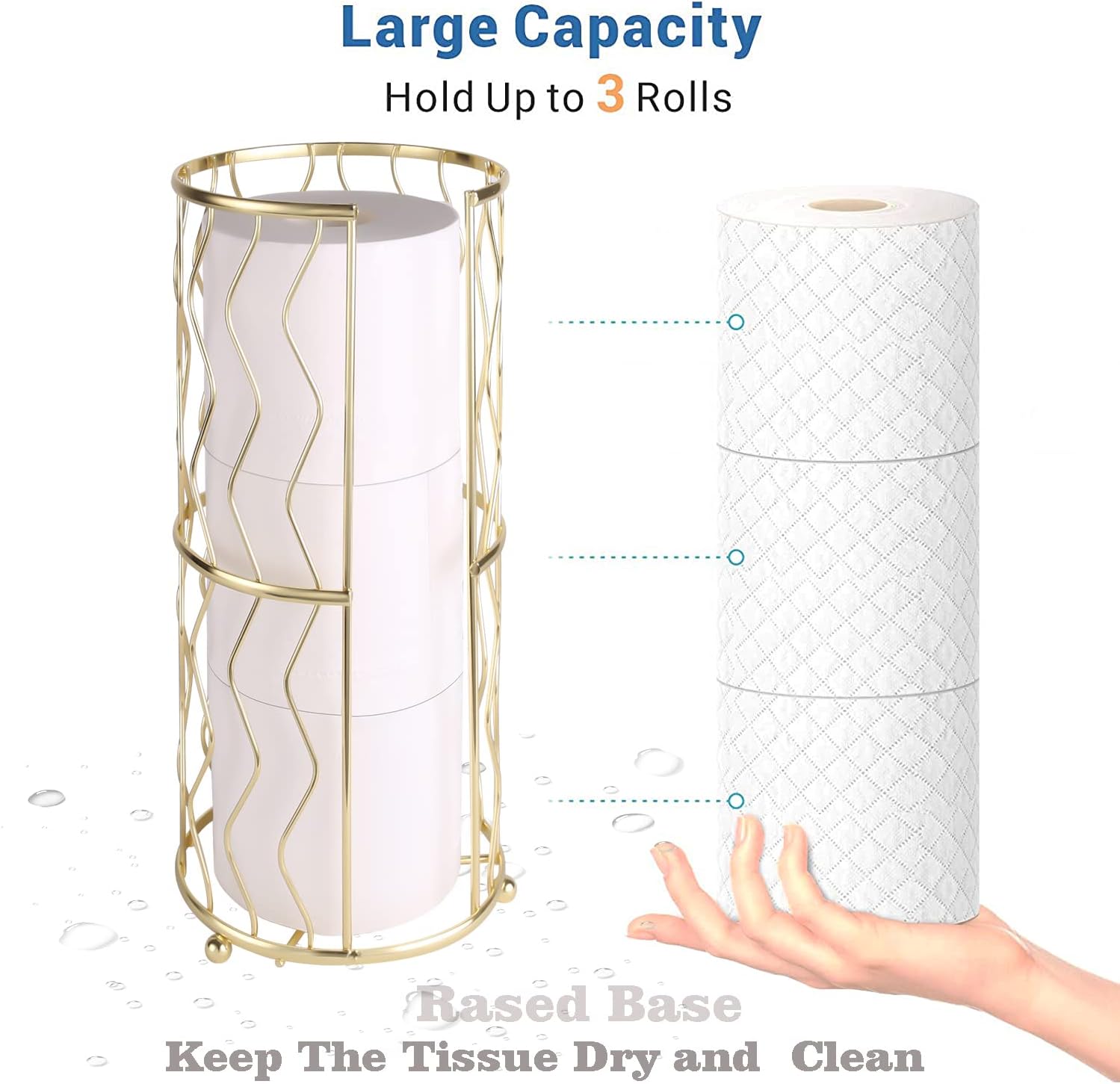 Decorative Metal Standing Toilet Tissue Holder for Bathroom/Powder Room, Compact Tissue Reserve for 3 Rolls of Toilet