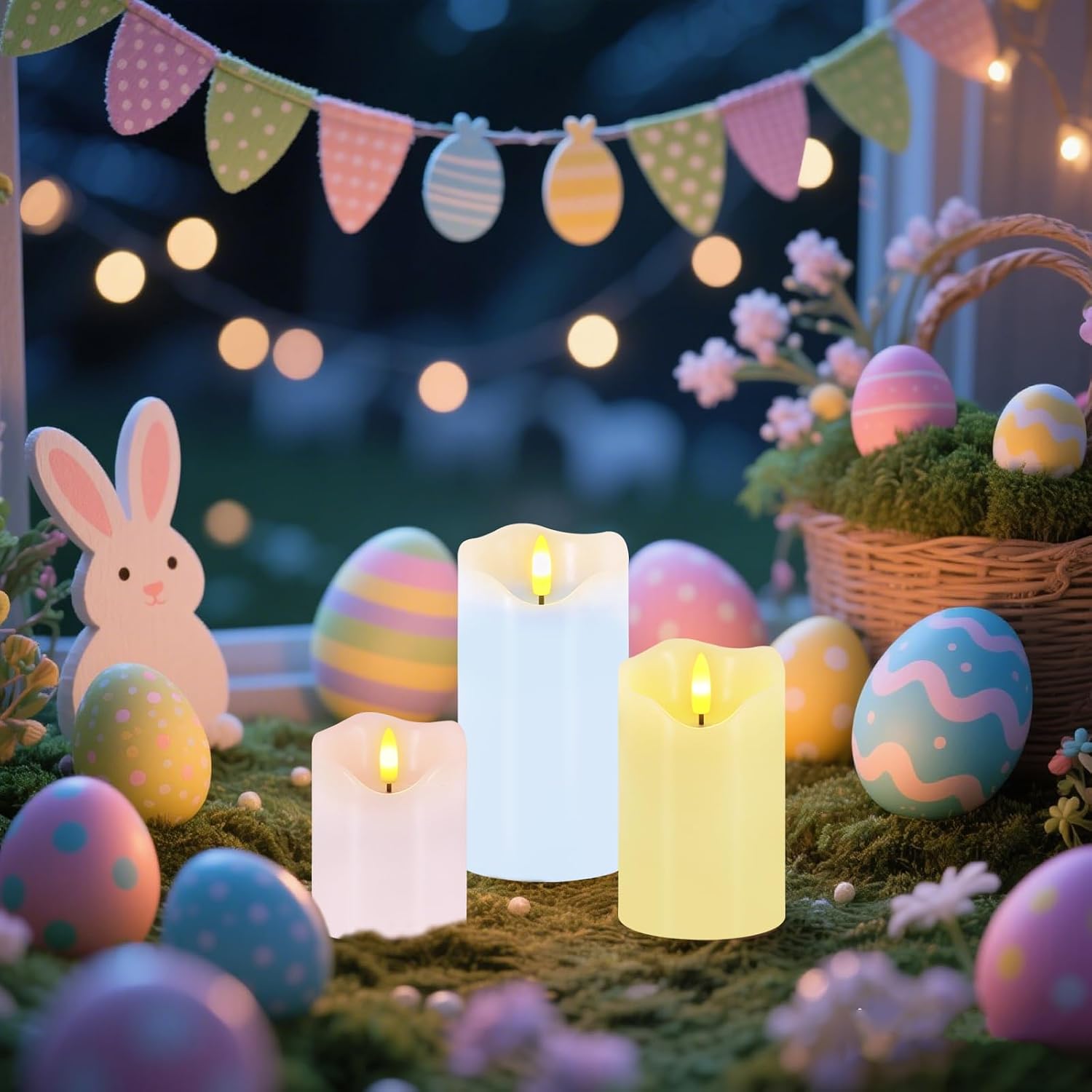 Easter Flameless Candles Set of 3, Pastel Spring Candle with Remote & Timer | Flickering Real Wax Pillar Candles